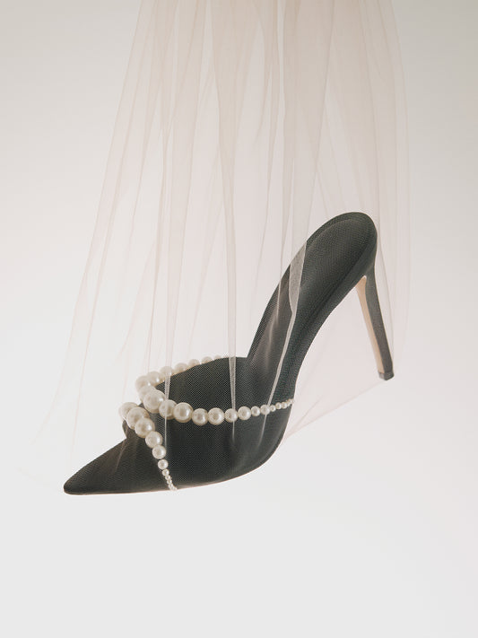 Black Satin Pointed-Toe Front Pearl High Heels