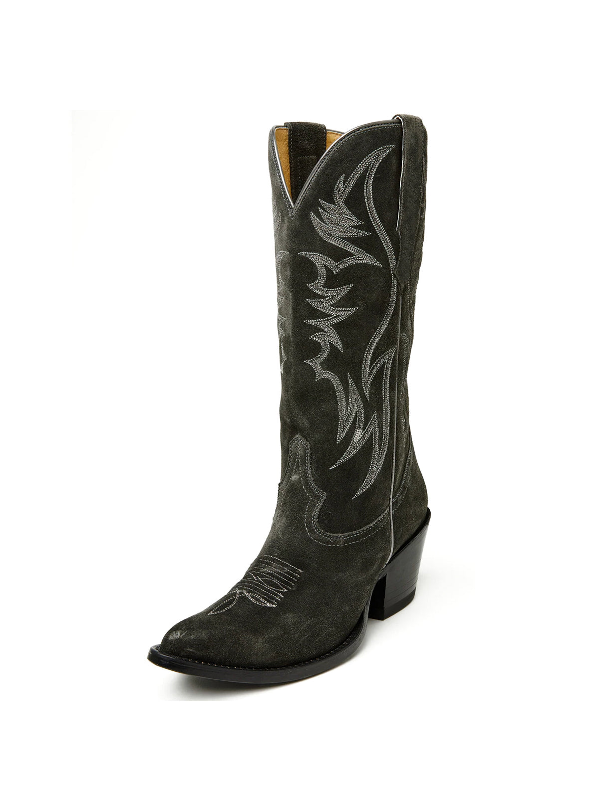 Faux Suede Wings Embroidery Pointed-Toe Mid Calf Cowgirl Boots - Charcoal