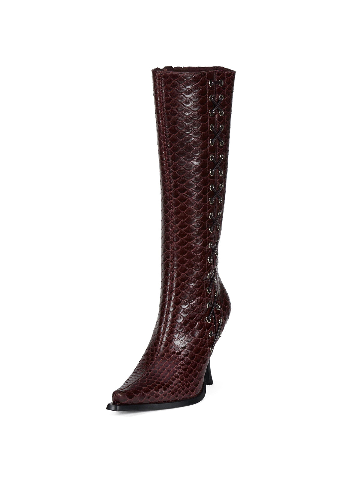 Purple Pointed-Toe Side Lace-Up And Full-Zip Wide Calf Knee High Stiletto Boots