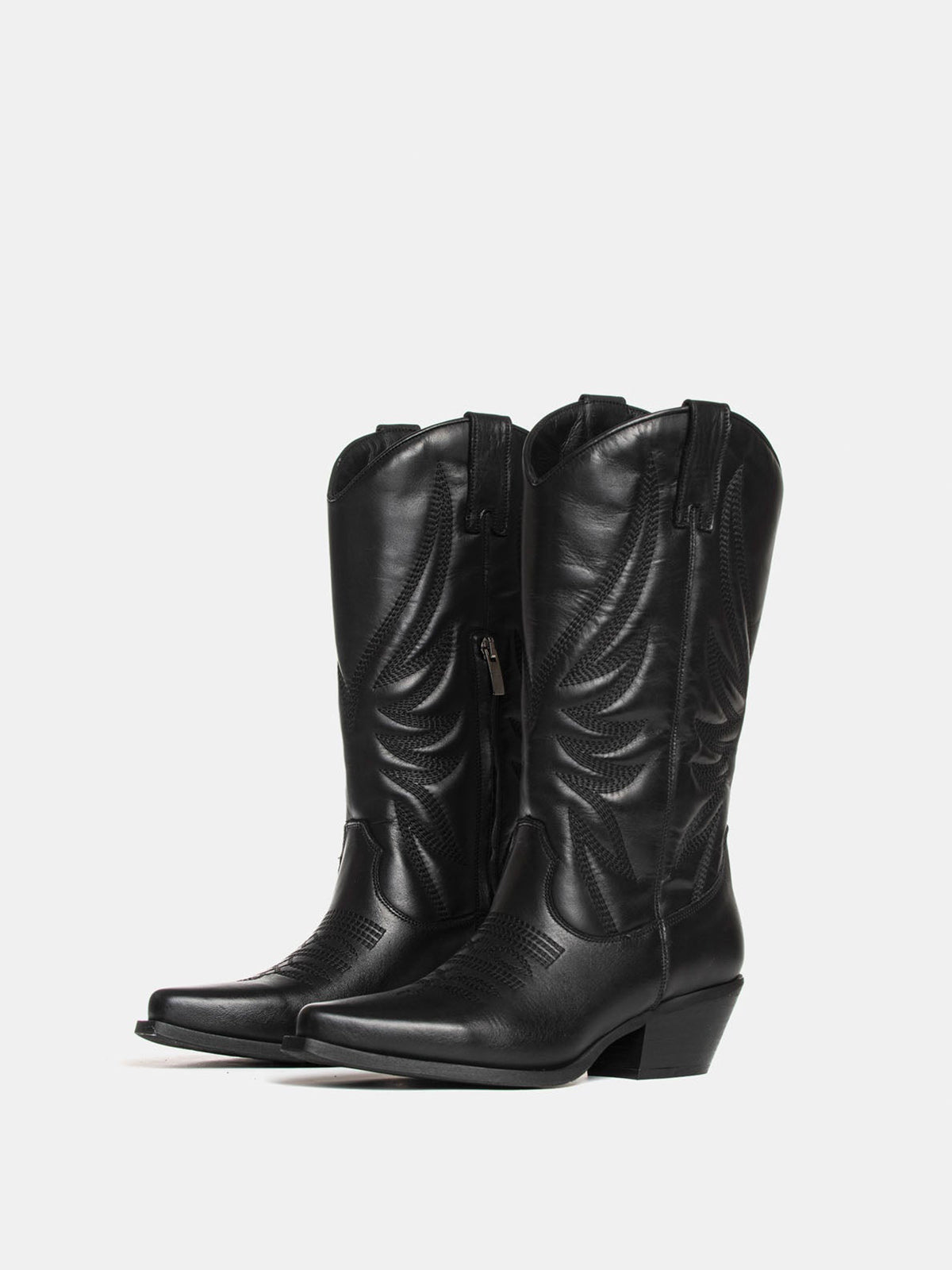 Black Snip-Toe Classic Embroidery Half-Zip Mid Calf Cowgirl Boots For Women