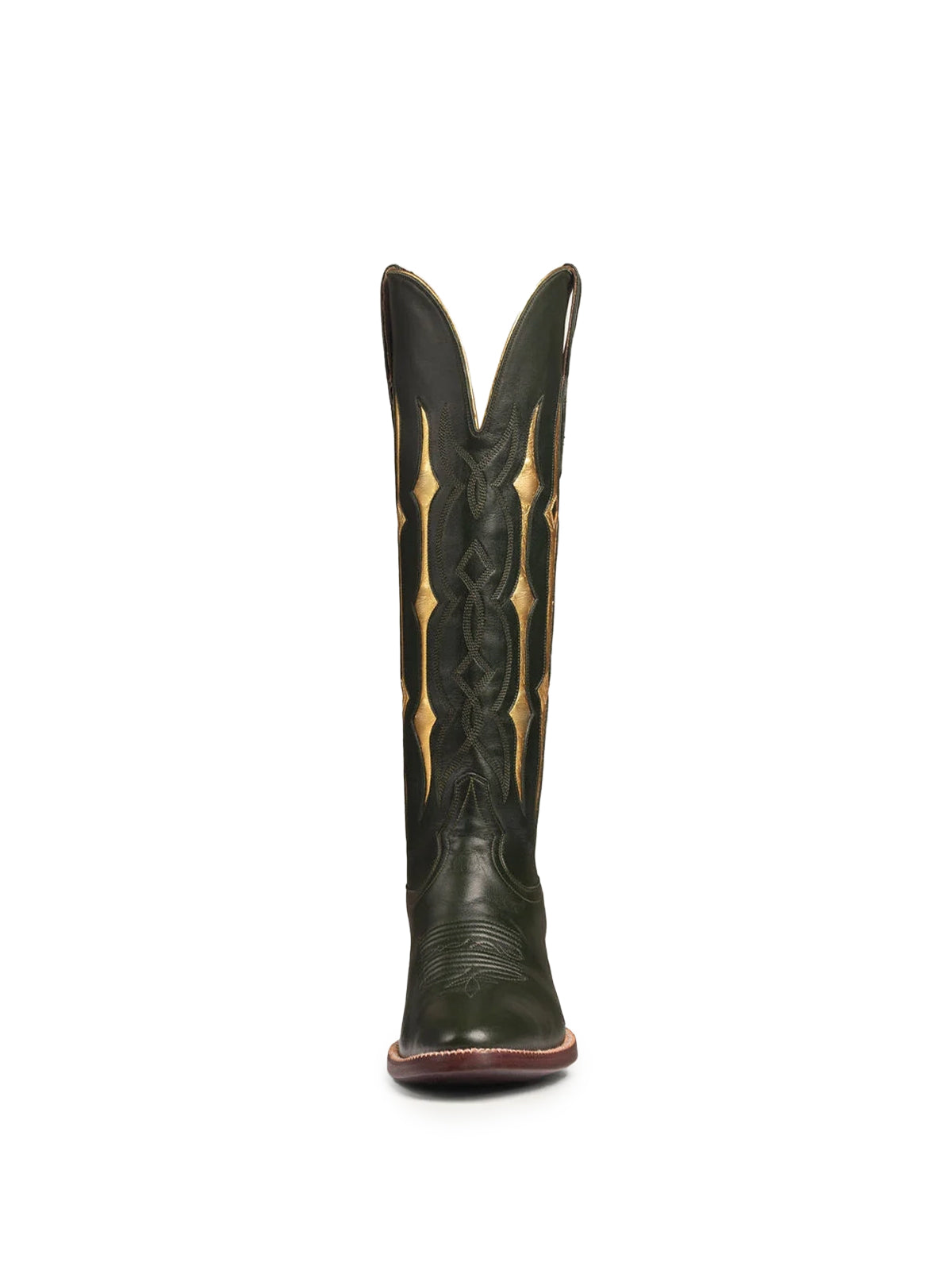 Green Contrast Metallic Gold Inlay Stitch Almond-Toe Wide Knee High Western Cowgirl Boots