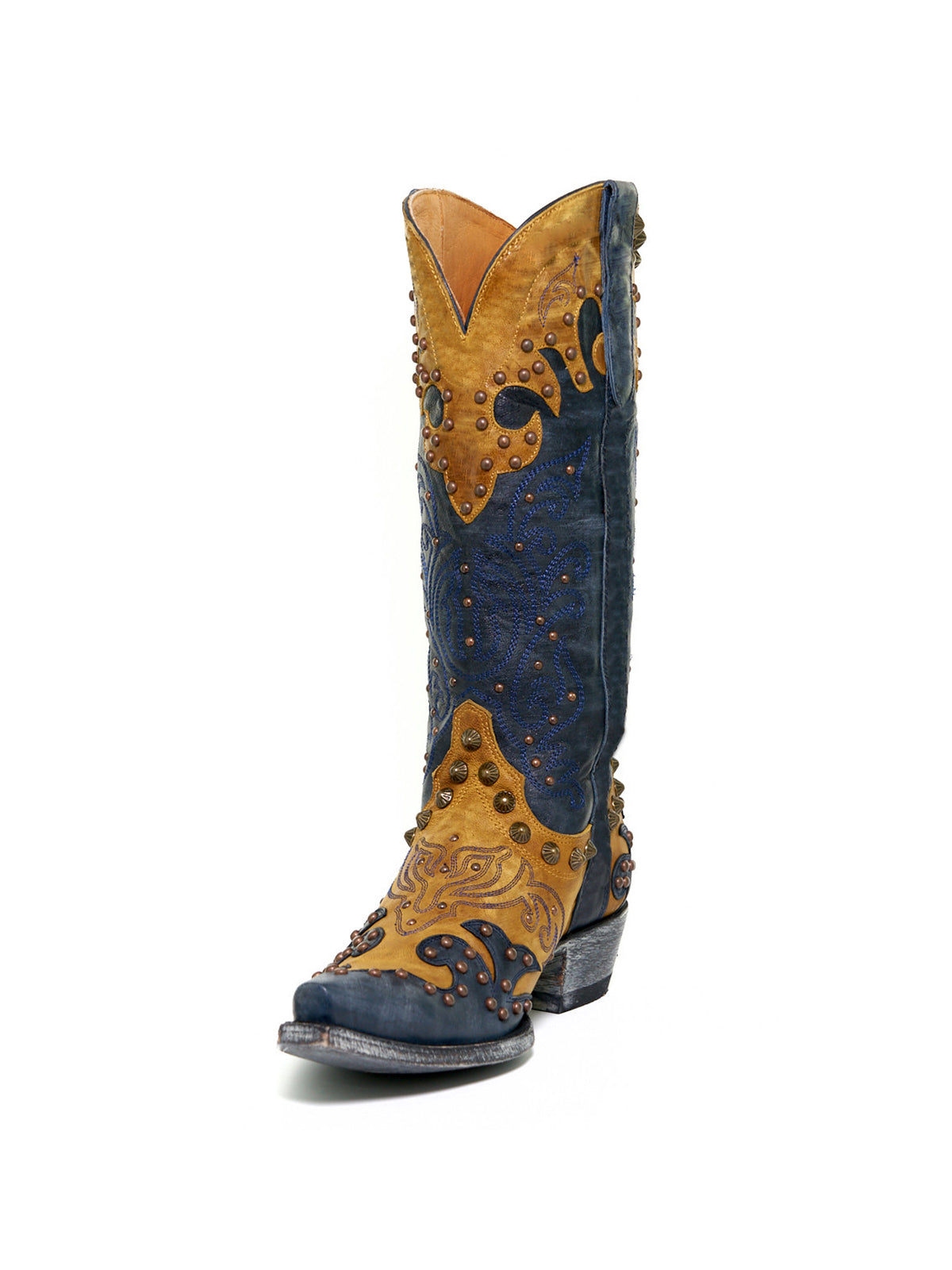 Contrast Navy And Tan Snip-Toe Studs And Embroidery Mid Calf Cowgirl Boots