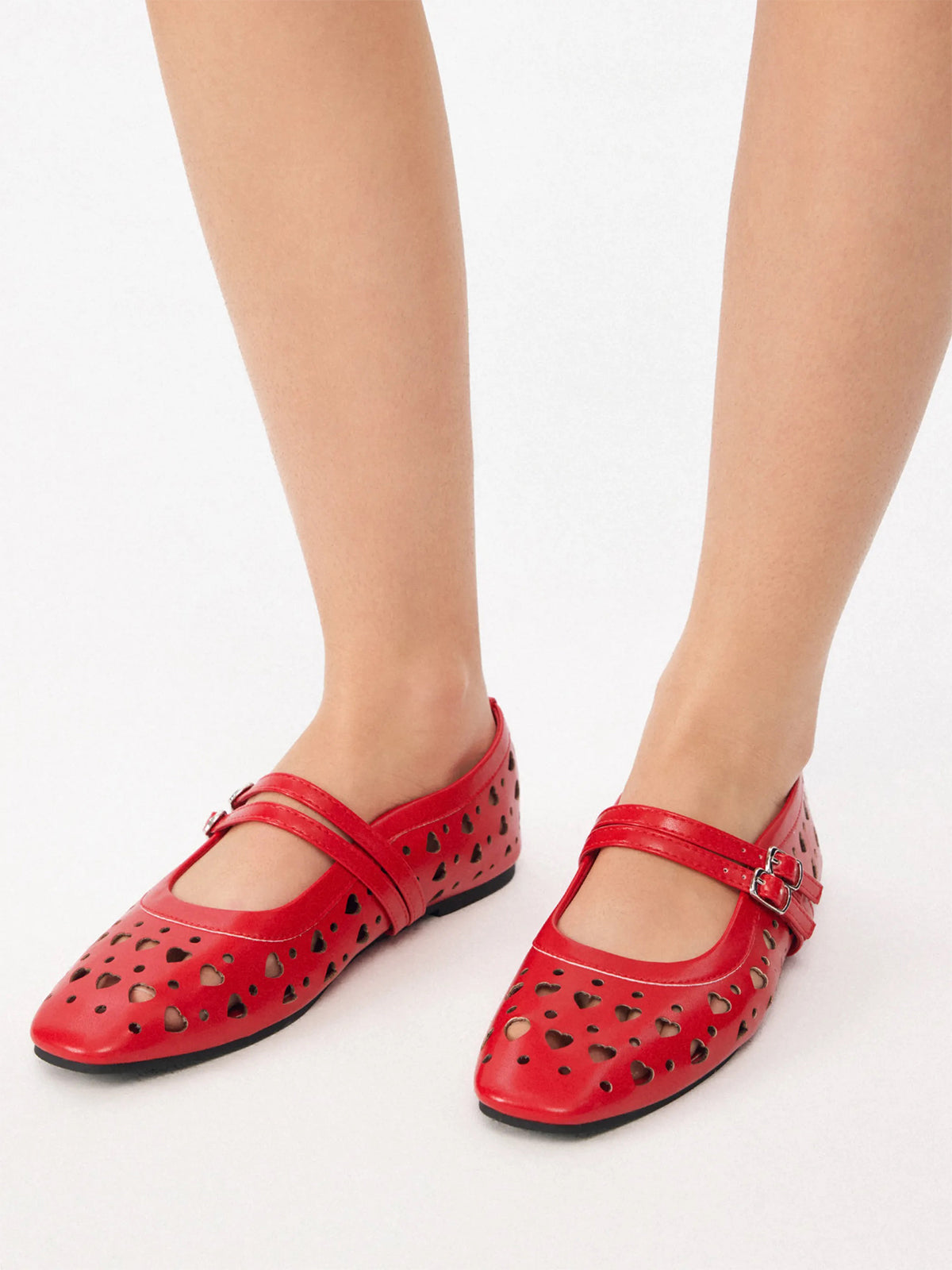 Red Square-Toe Heart Cutout Double Mary Jane Flats