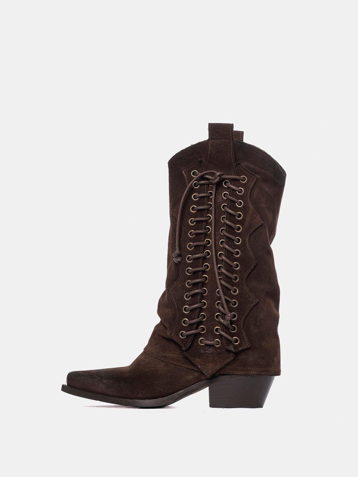 Brown Faux Suede Snip-Toe Side Lace-Up Mid Calf Cowgirl Boots