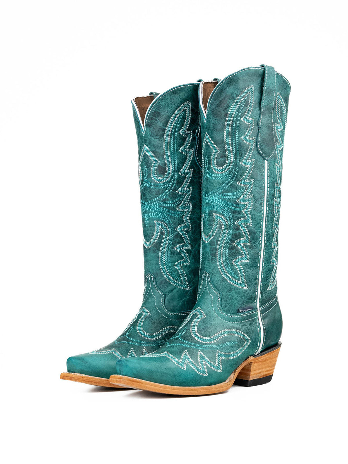 Snip-Toe Sleek Embroidery Mid Calf Cowgirl Boots For Woman - Turquoise