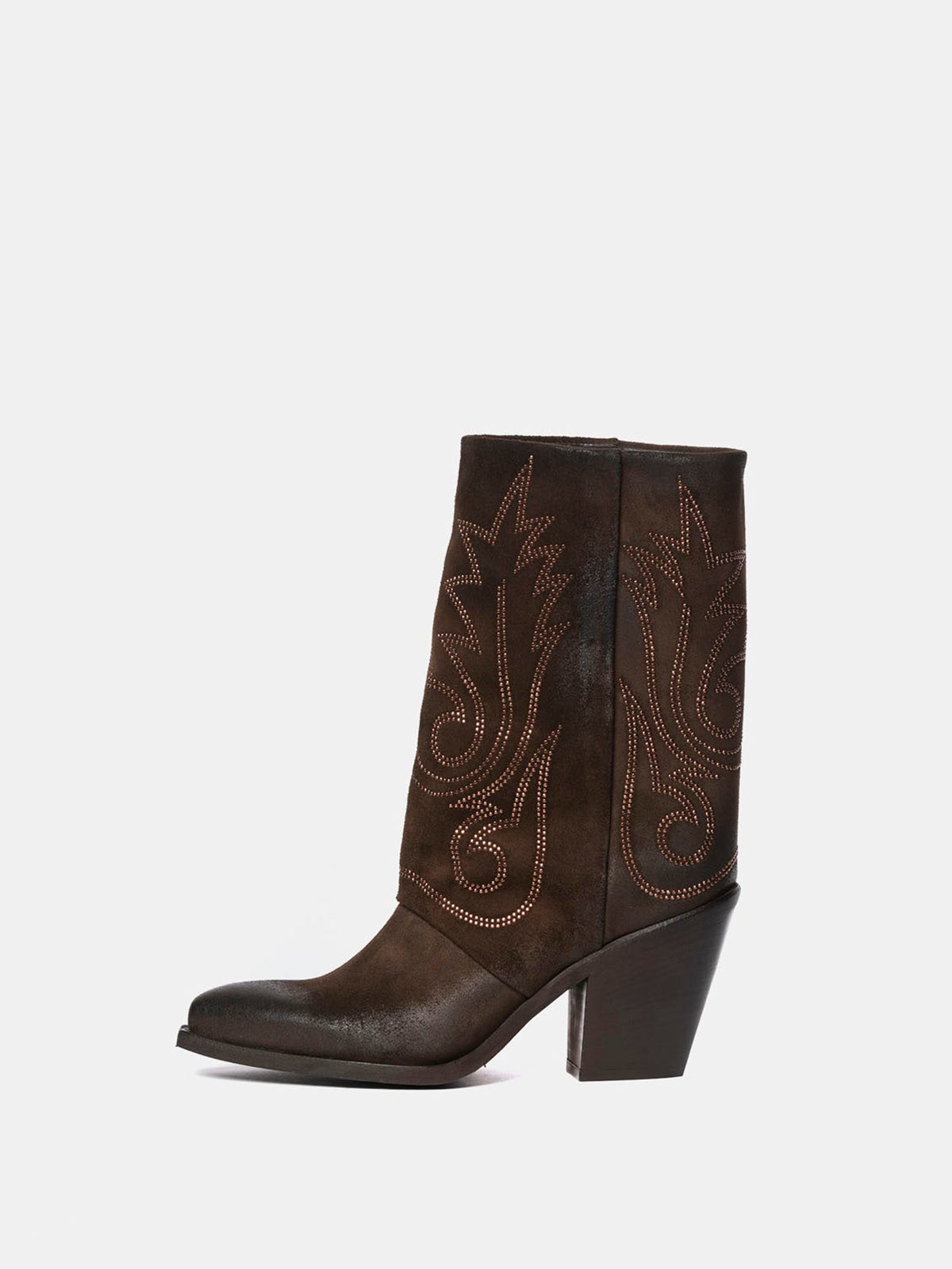 Coffee Snip-Toe Faux Suede Embroidery Mid Calf Cowgirl Boots