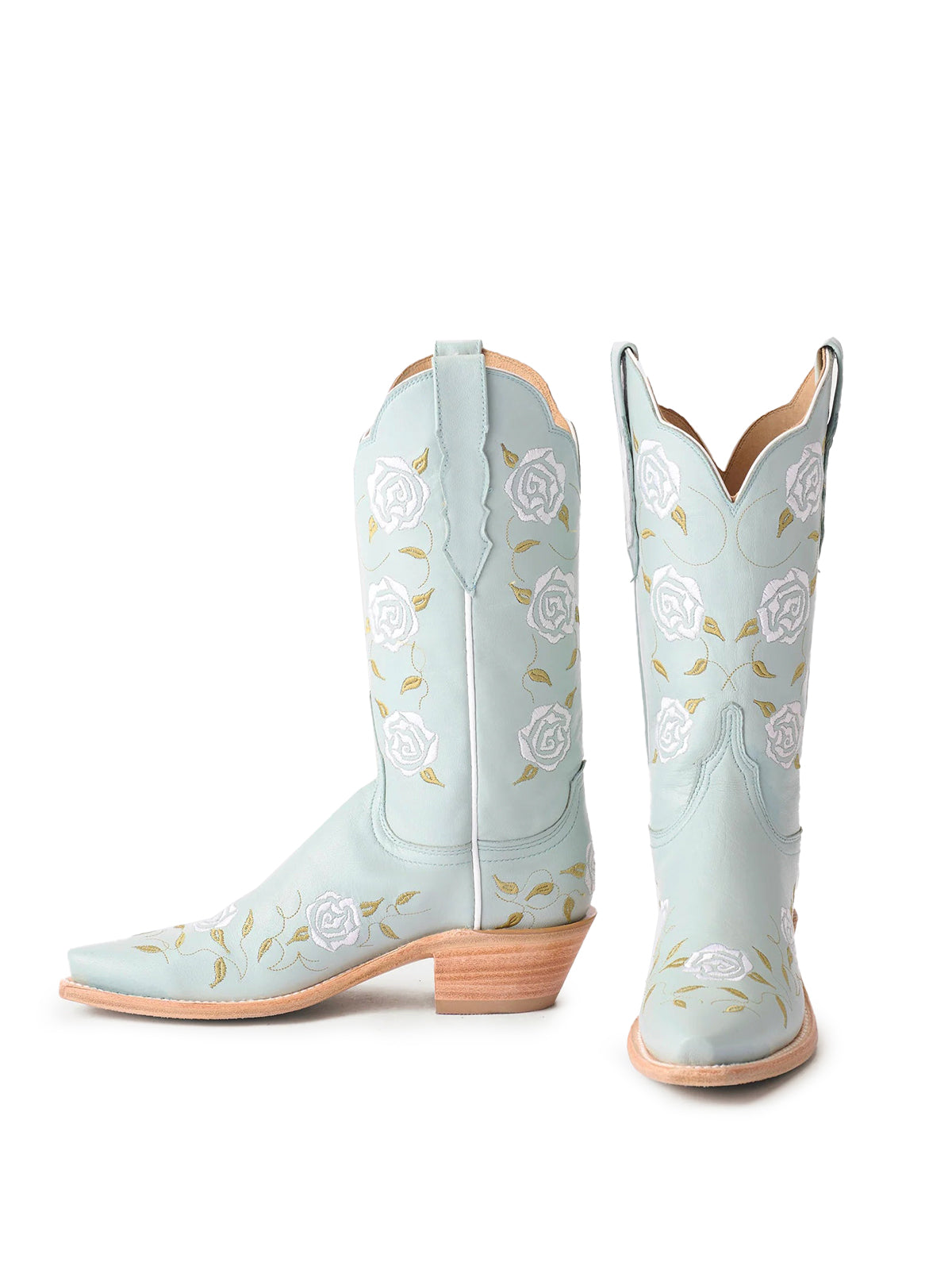 Powder Blue Snip-Toe Rose Embroidery Mid Calf Cowgirl Boots