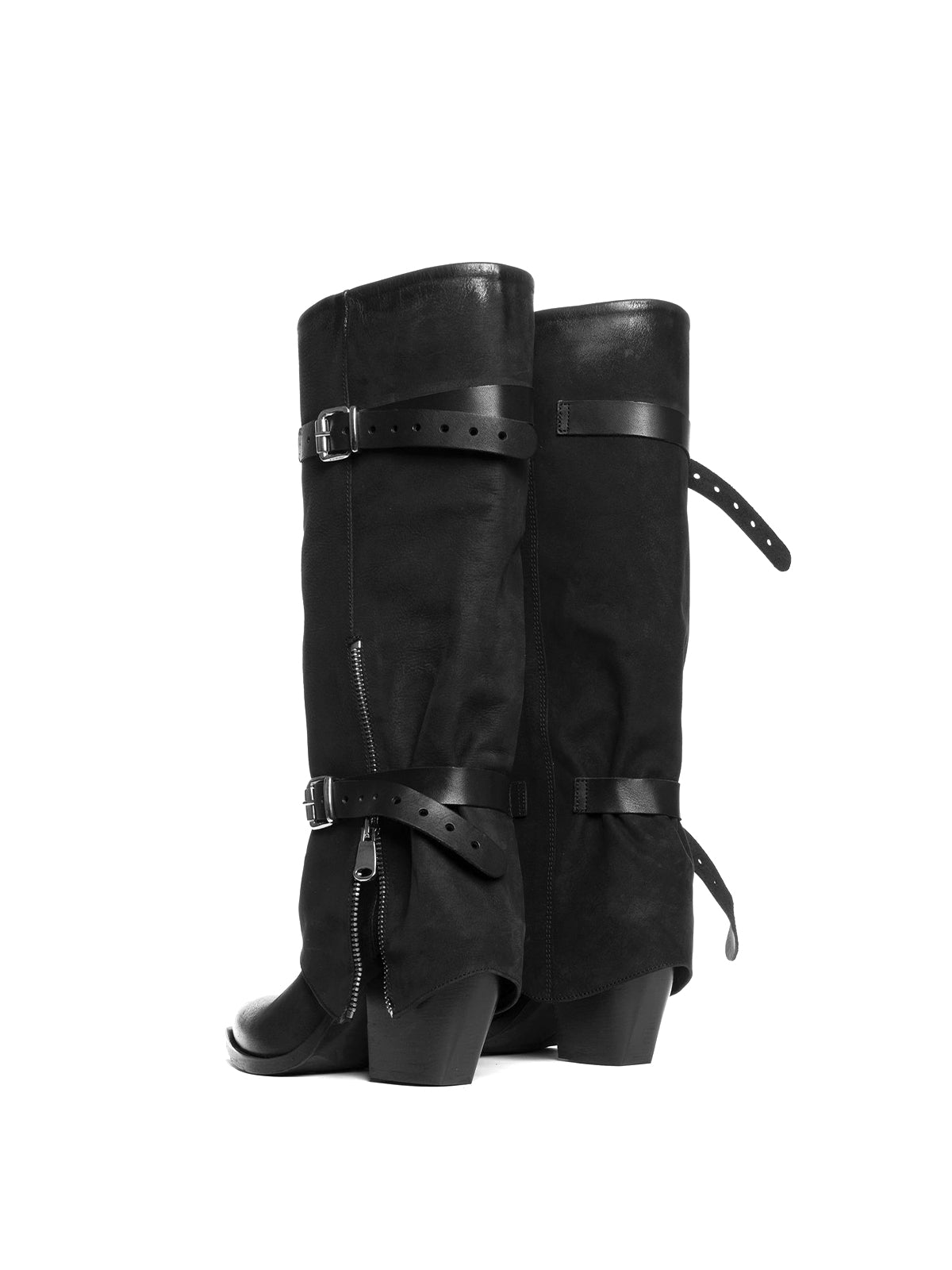 Black Faux Suede Snip-Toe Bottom Zipper Fold-Over Buckle Knee High Cowgirl Boots