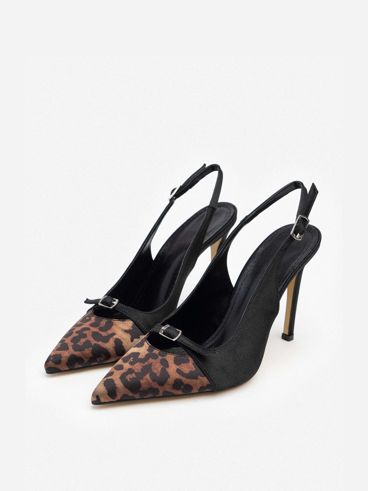 Contrast Black And Leopard Satin Pointed-Toe Slingback High Heels