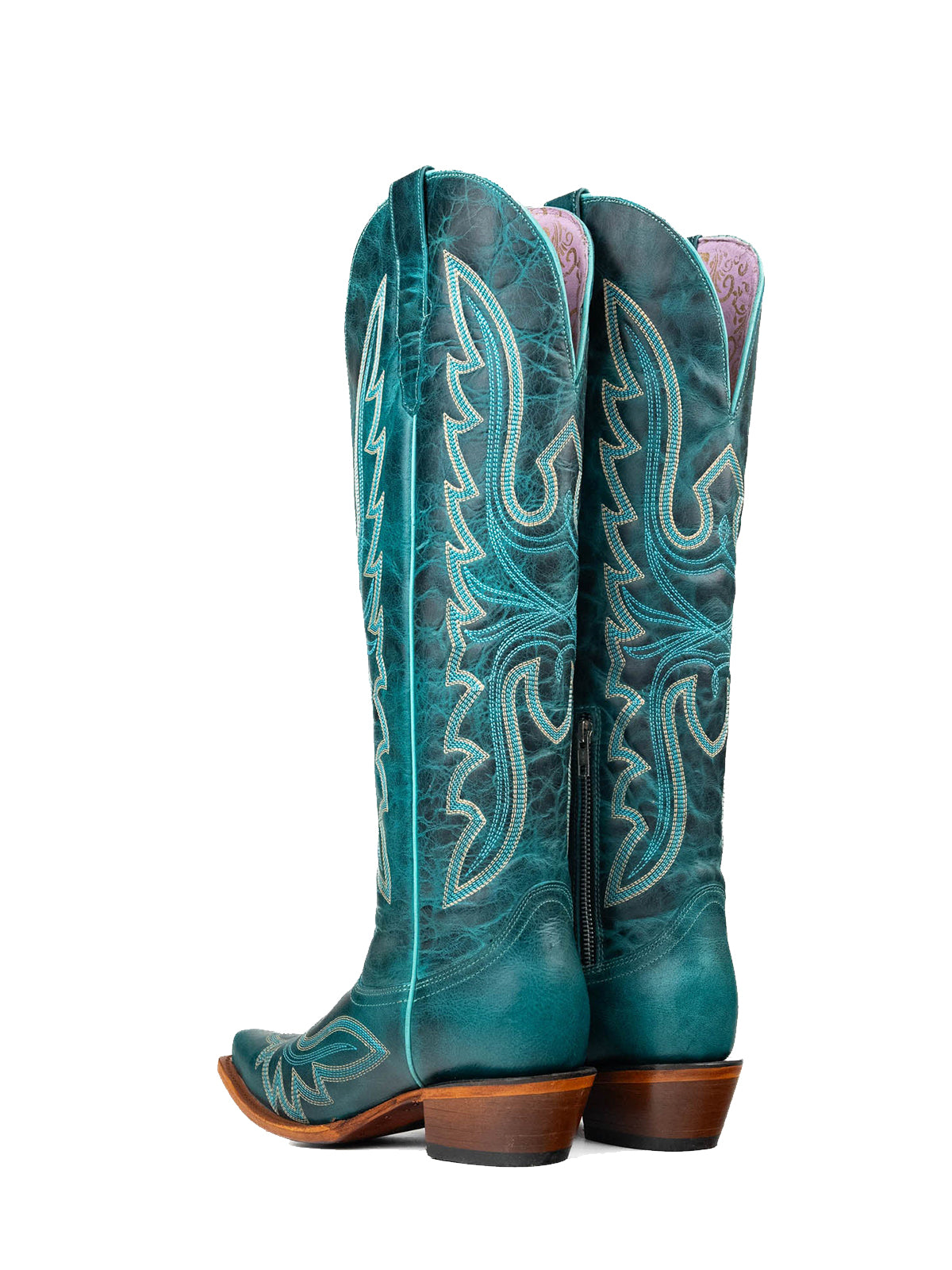 Distressed Turquoise Snip-Toe Embroidery Knee High Tall Half-Zip Cowgirl Boots