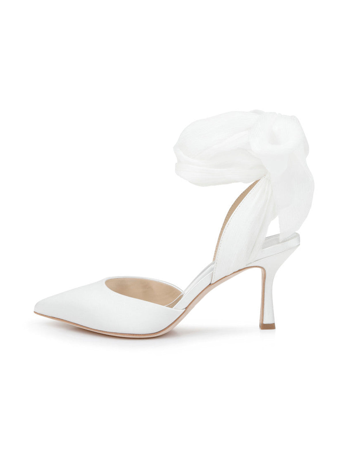 White Satin Pointed-Toe Back Strap And Ankle Bow Strap High Heels