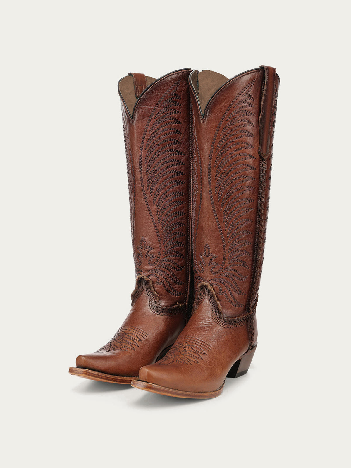 Chic Wings Embroidery Snip-Toe Full-Zip Knee High Cowgirl Boots - Honey