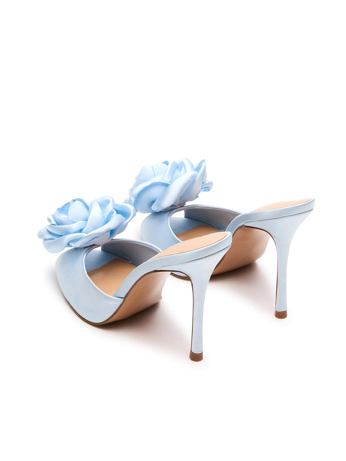 Blue Satin Round-Toe Backless High Heels With A Large Flower