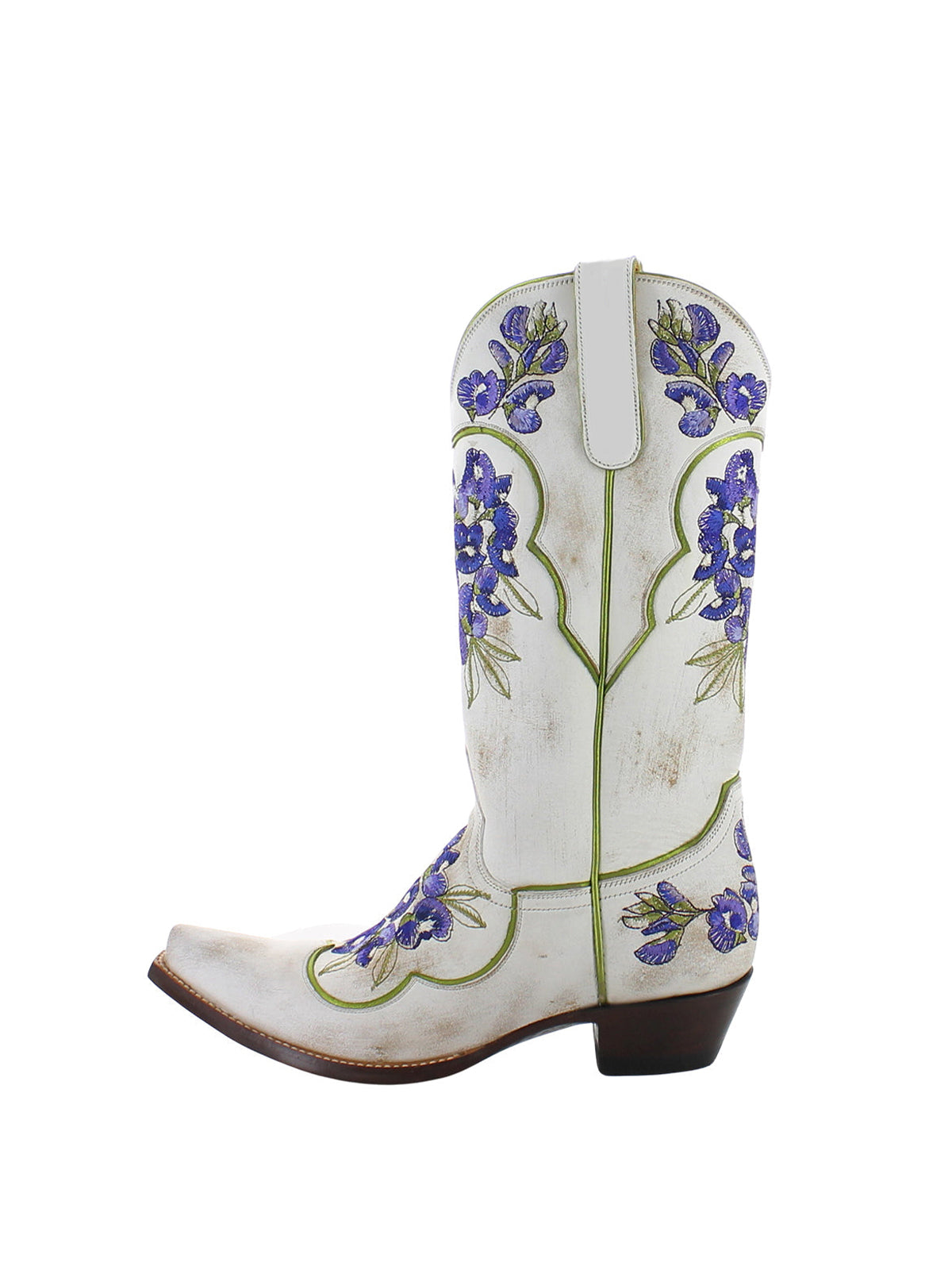 Каубойски ботуши до средата на прасеца с бродерия и сини цветя в цвят слонова кост с къси пръсти