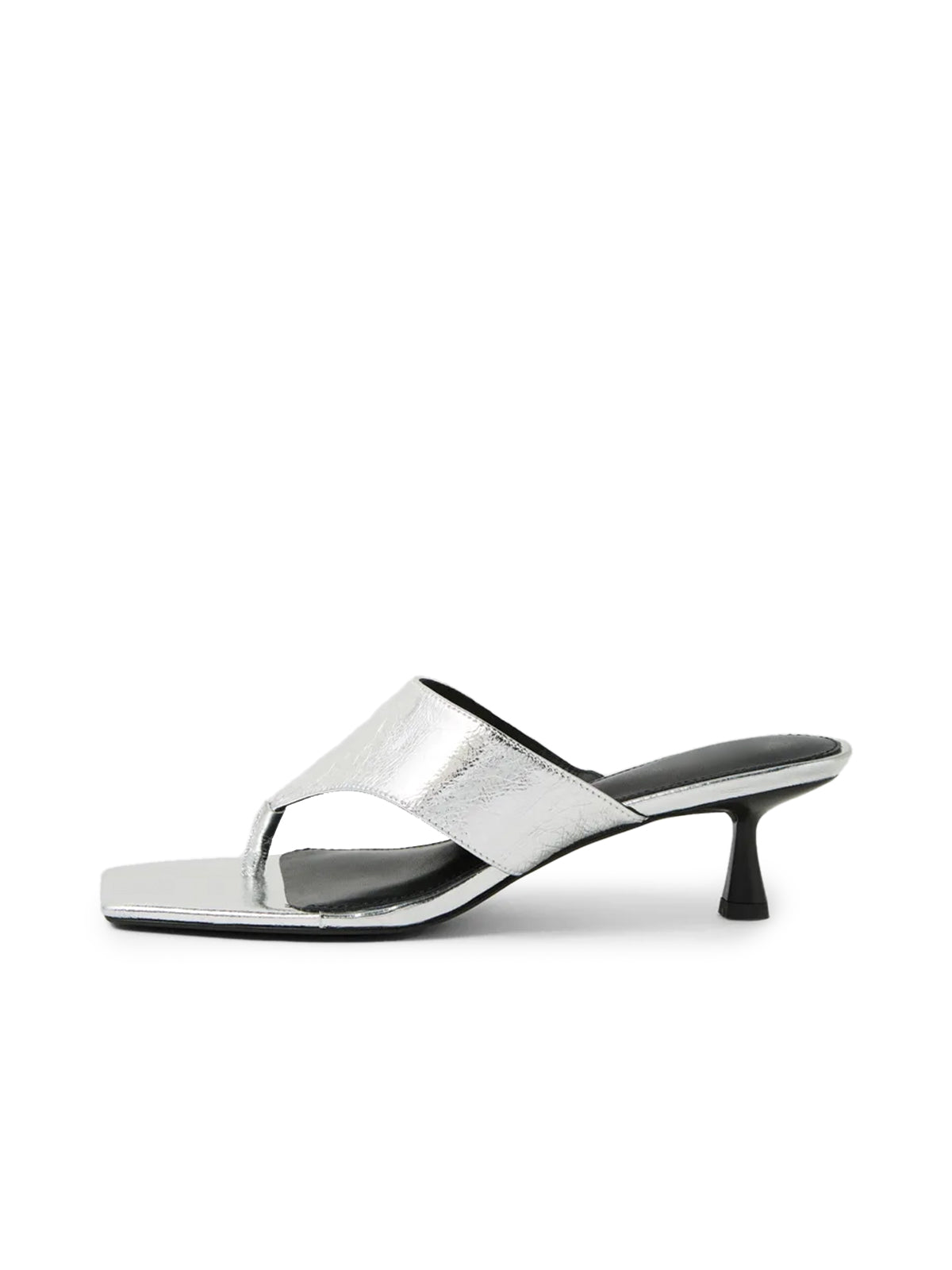 Square-Toe Slip-On Kitten Heel Sandals - Metallic Silver