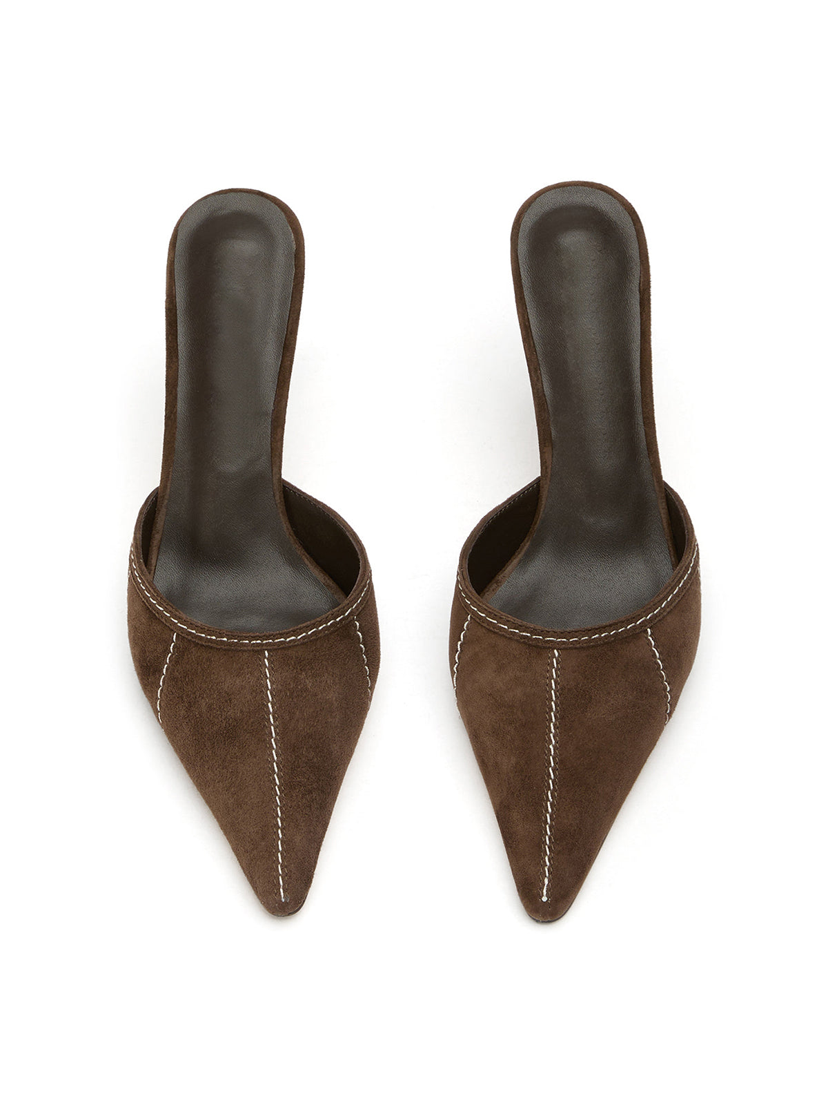 Coffee Faux Suede Pointed-Toe Stitch Backless High Heels