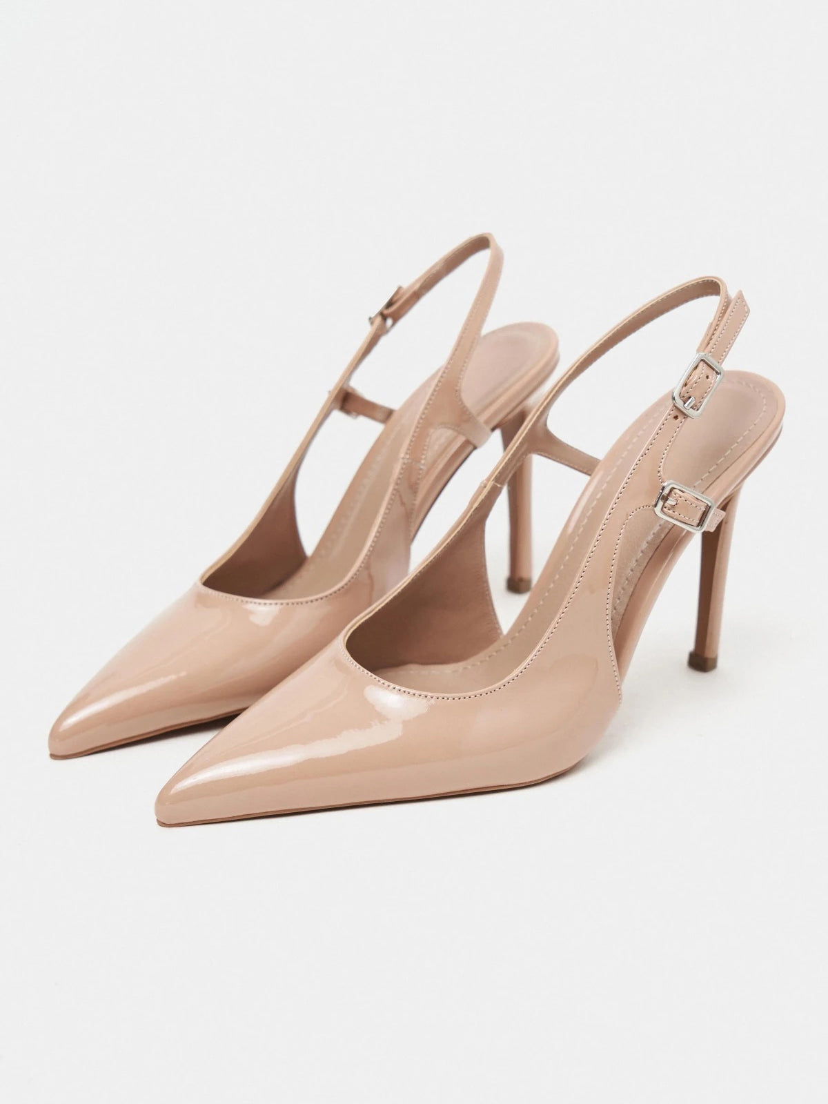 Patent Leather Pointed-Toe Buckle Back Strap Chic High Heels - Beige