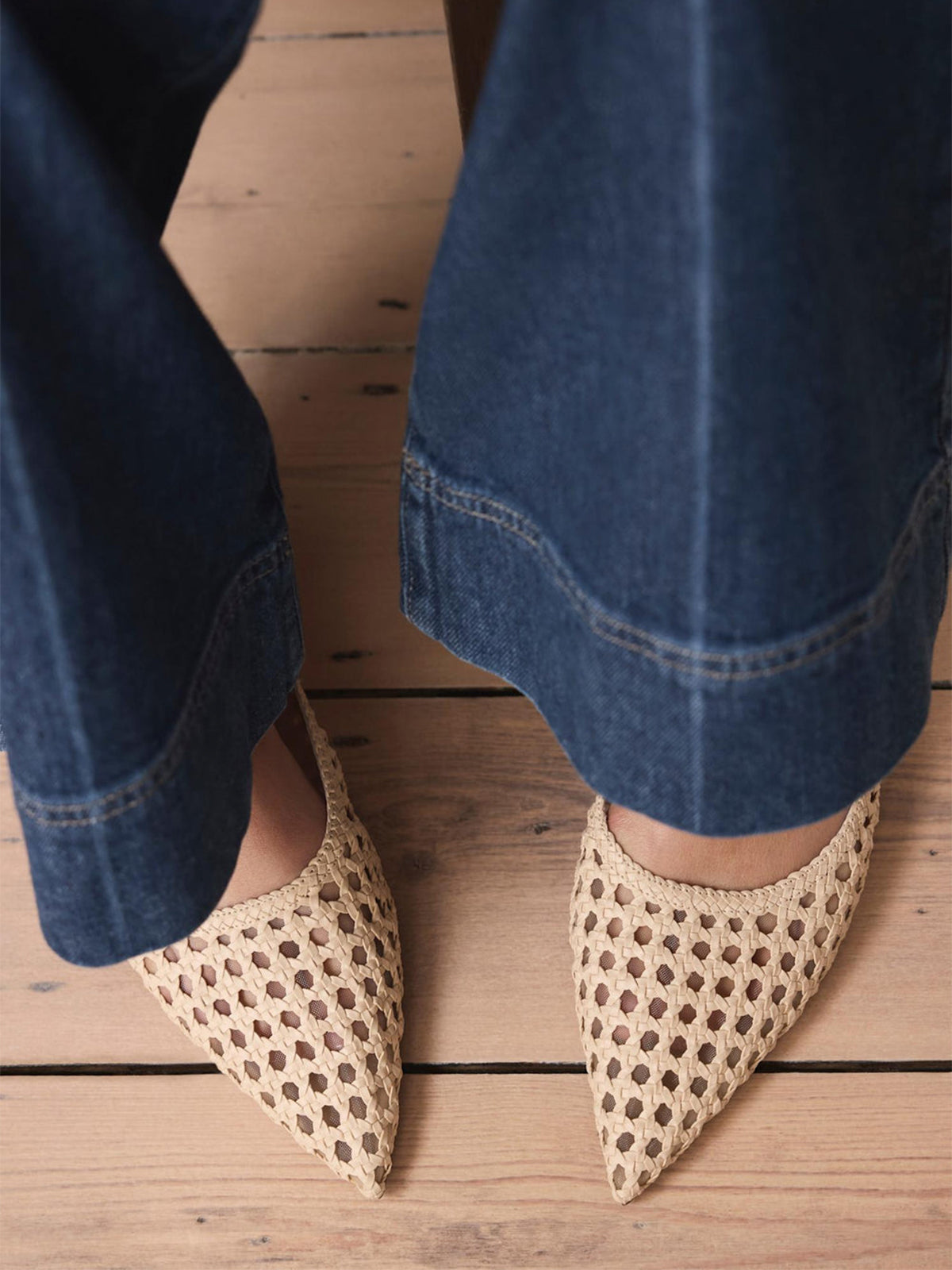 Cream Woven Vegan Leather Pointed-Toe Chic Back Strap Flats