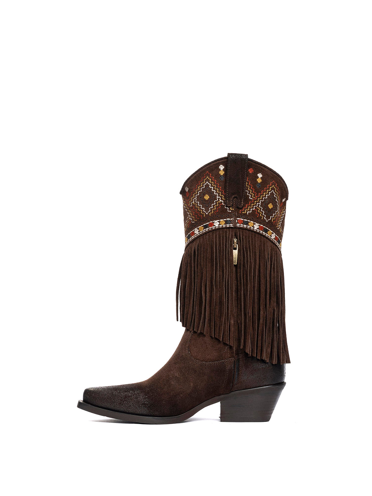 Brown Faux Suede Snip-Toe Fringe Top Embroidery Zipper Mid Calf Cowgirl Boots