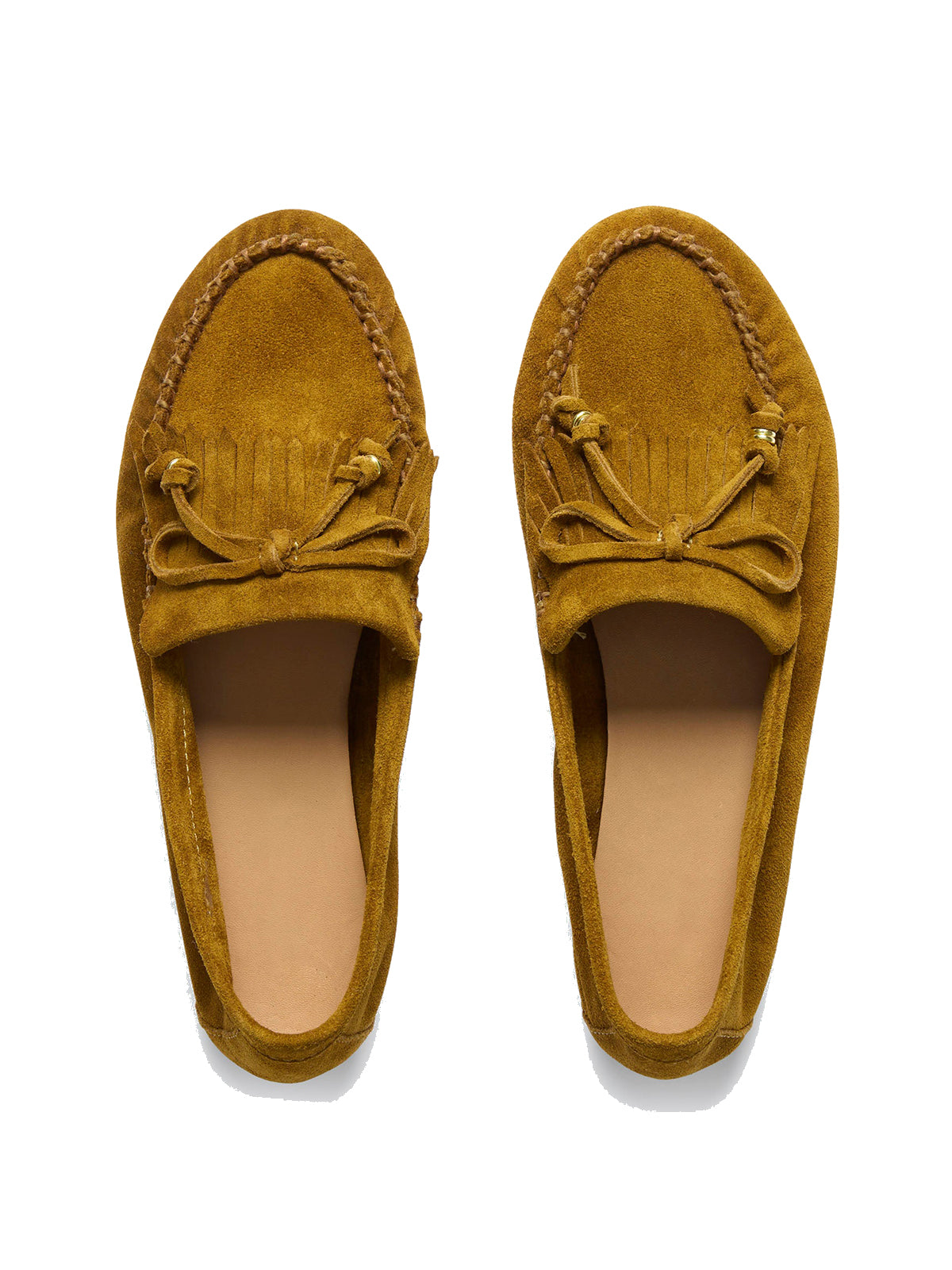 Caramel Cow Suede Round-Toe Front Bow And Fringe Flats