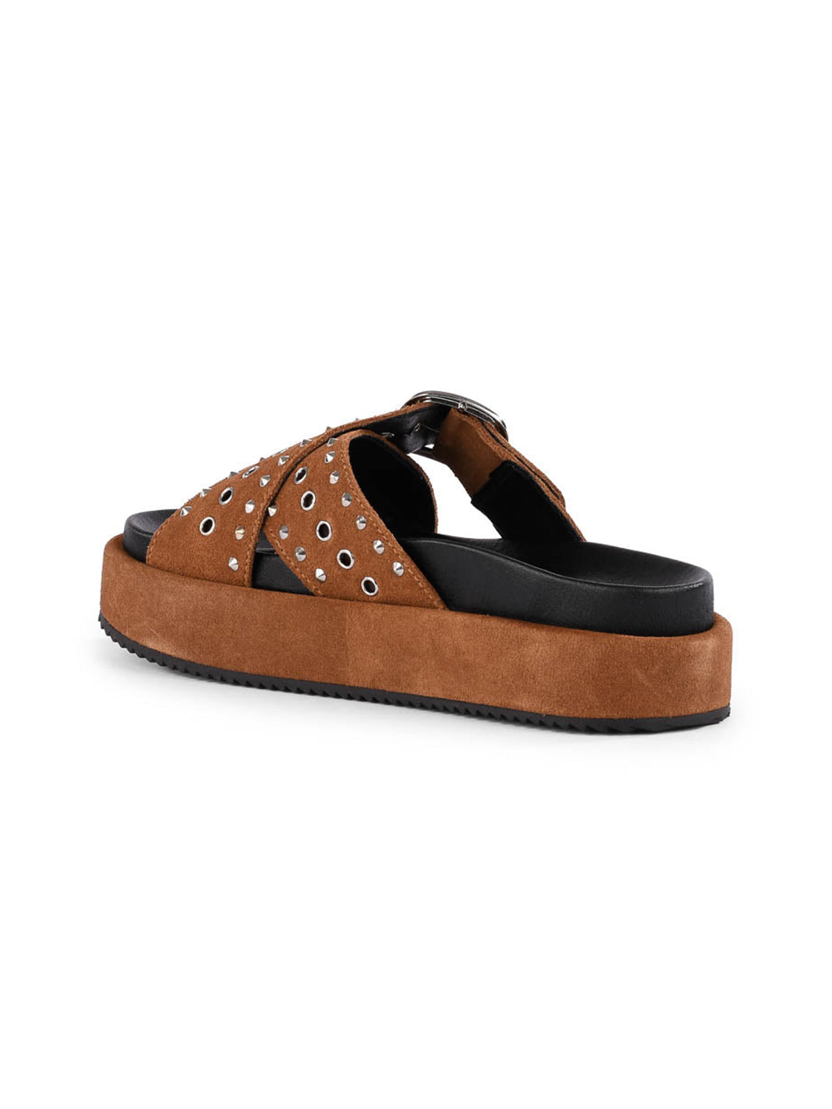 Tan Faux Suede Round-Toe Crossed Straps With Eyelets And Rhinestones Sandals