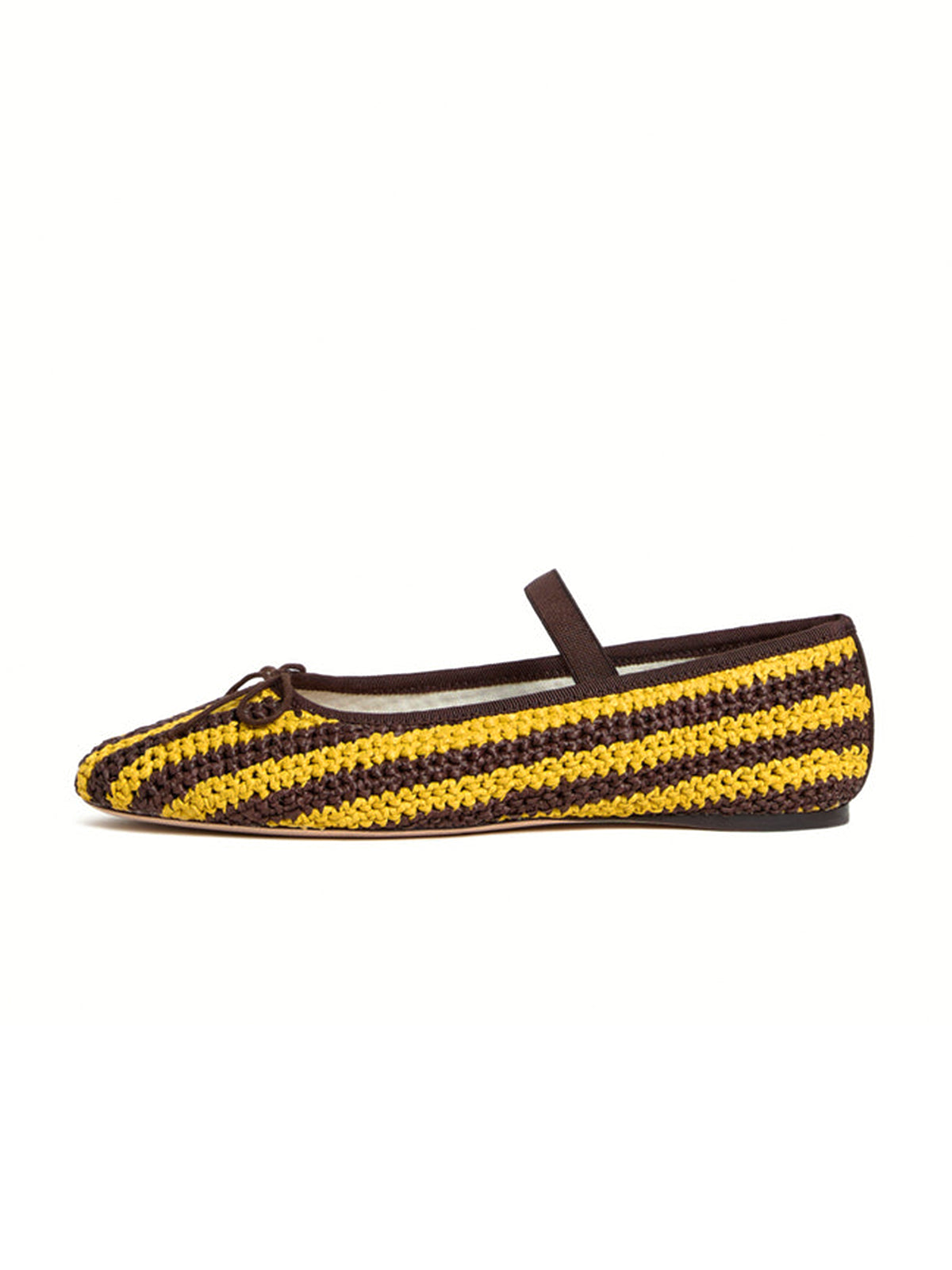 Contrast Yellow And Brown Rope Weaving Round-Toe Front Bow Mary Jane Ballet Flats