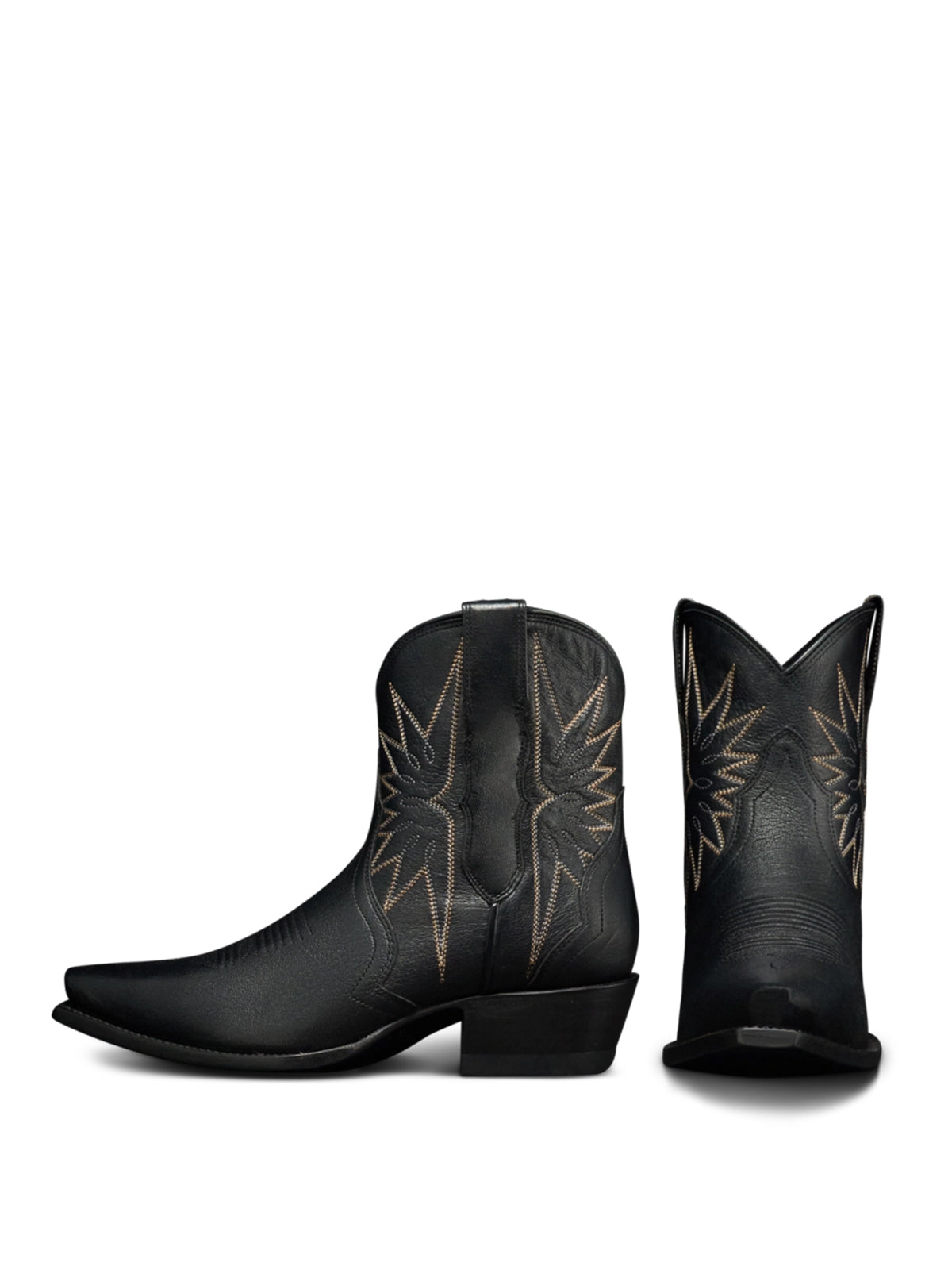 Black Snip-Toe Embroidery Ankle Booties