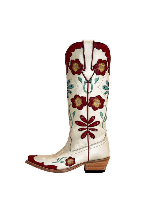 Bone Snip-Toe Colorful Flowers Inlay Wide Calf Knee High Cowgirl Boots