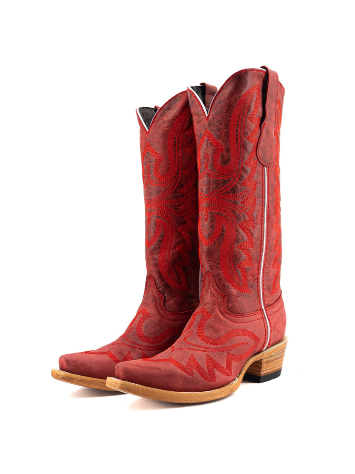 Snip-Toe Sleek Embroidery Mid Calf Cowgirl Boots For Woman - Distressed Red