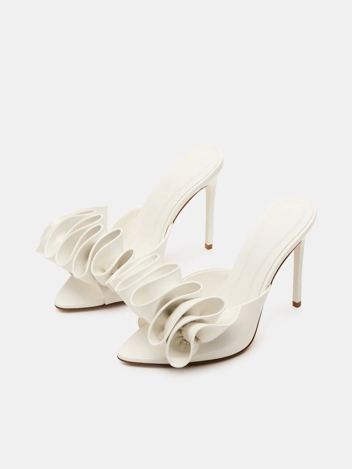 Pointed-Toe Slip-On Ruffle High Heels - Patent White