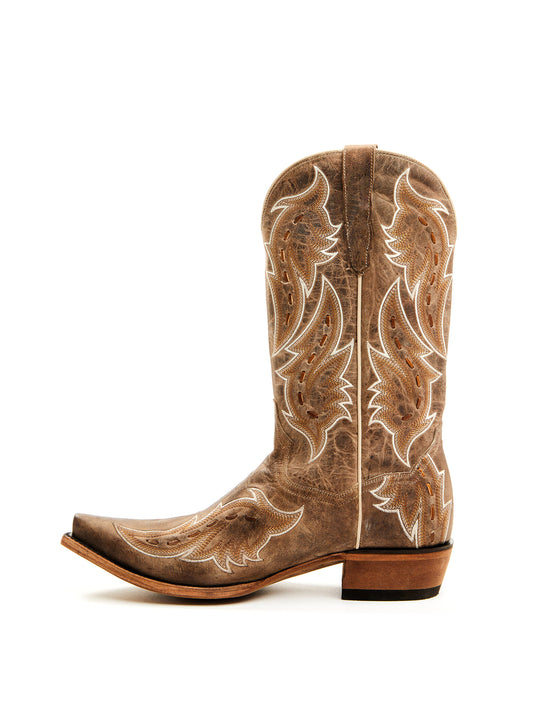 Distressed Tan Snip-Toe Embroidery And Running Stitching Mid Calf Cowgirl Boots