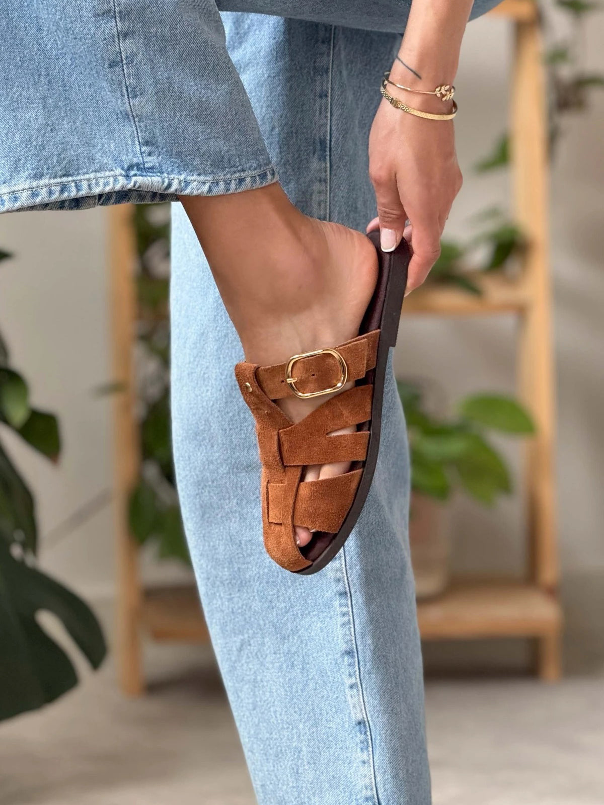 Brown Cow Suede Round-Toe Caged Detail Backless Flats