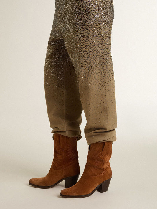Cognac Faux Suede Pointed-Toe Star Embroidery Mid Calf Classic Cowgirl Boots