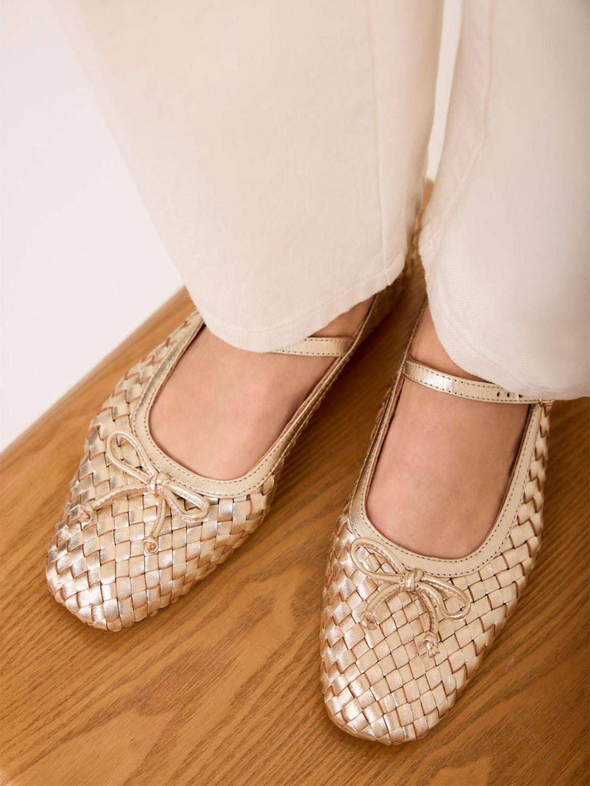 Metallic Gold Woven Vegan Leather Square-Toe Front Bow And Mary Jane Flats