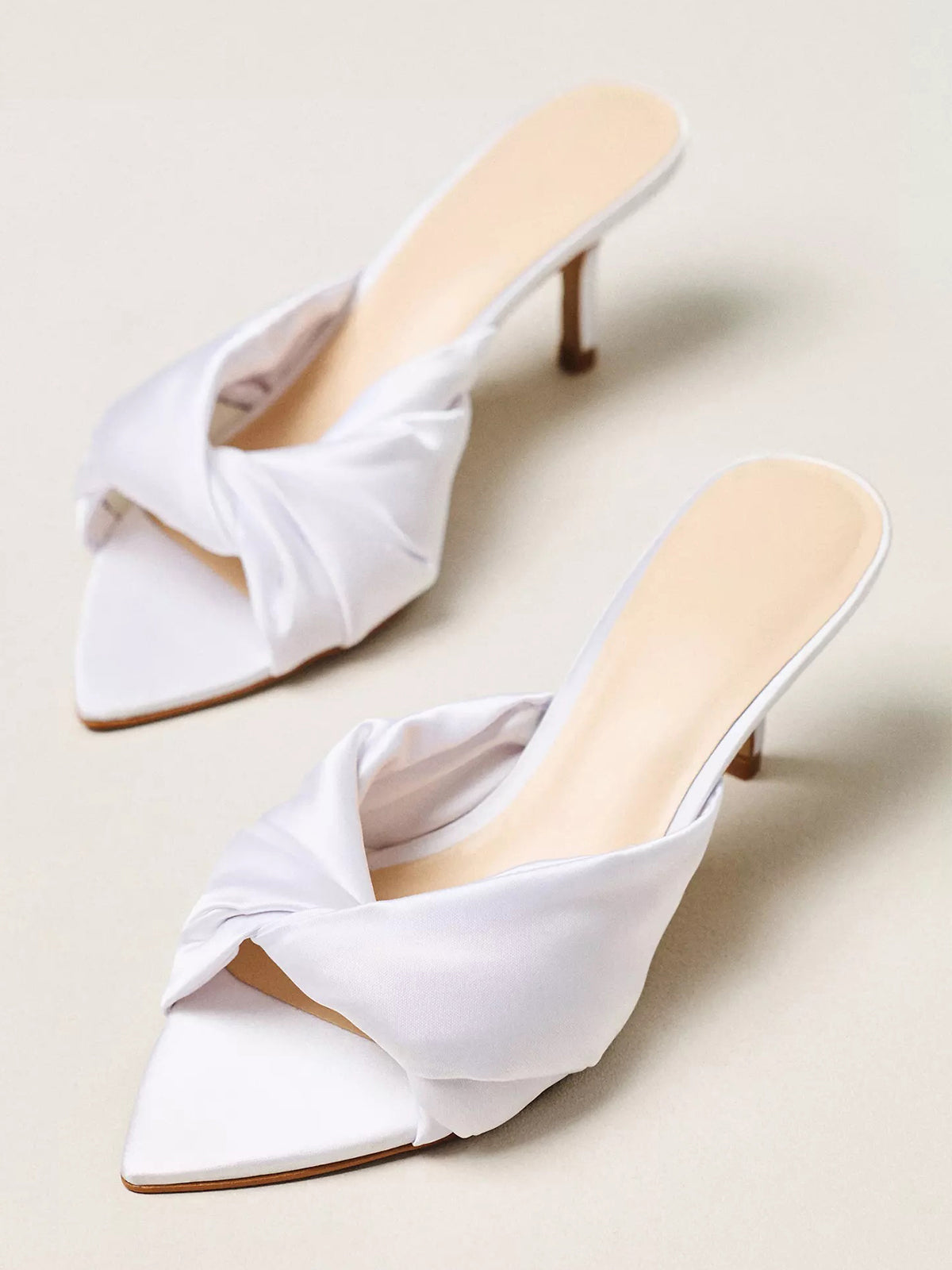 Satin Open Pointed-Toe Front Strap Backless Mules High Heels - White