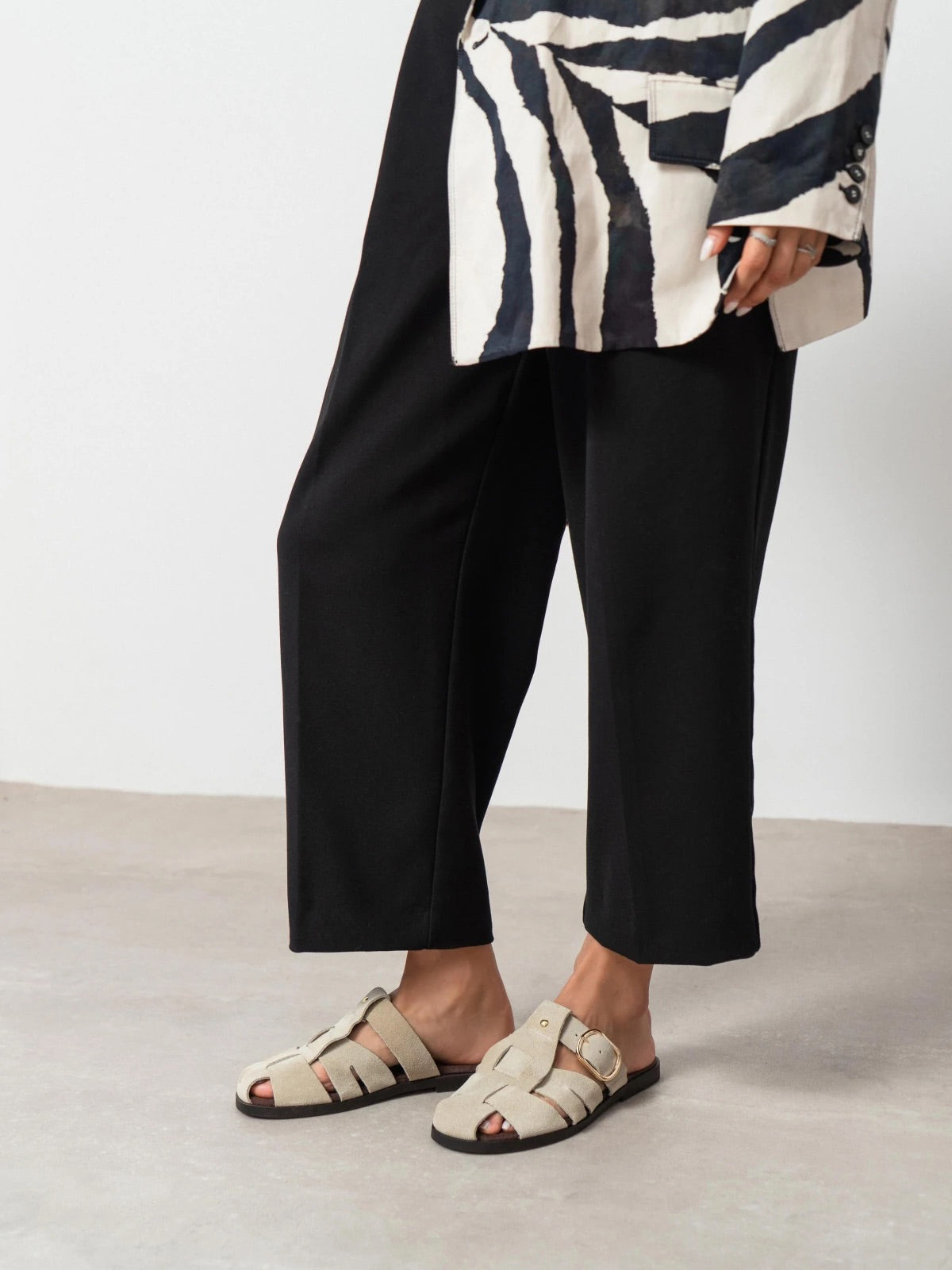 Beige Cow Suede Round-Toe Caged Detail Backless Flats