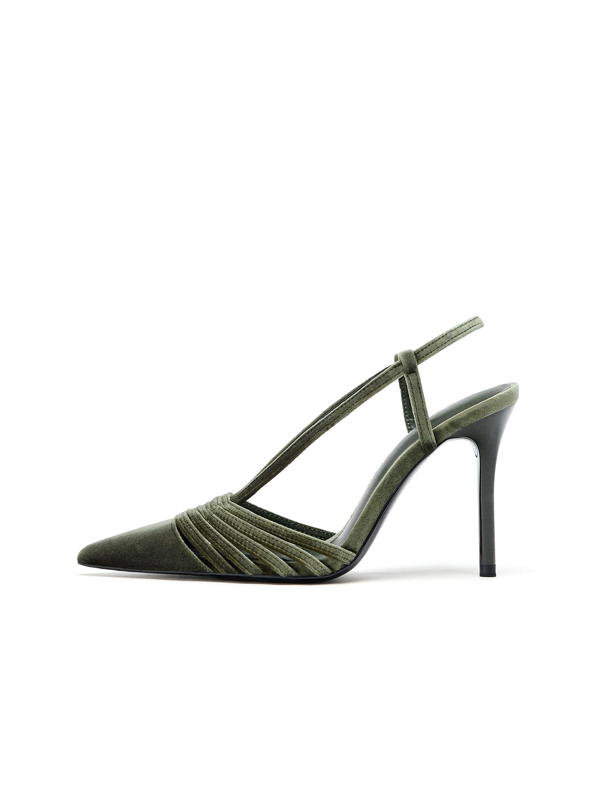 Green Velvet Pointed-Toe Front Strappy Slingback High Heels