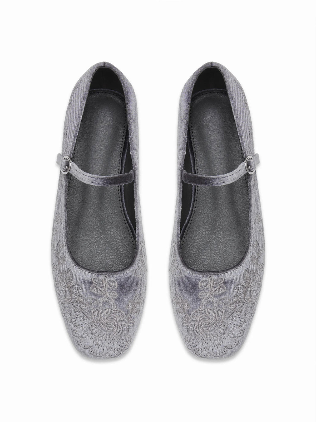 Gray Velvet Square-Toe Leaves Embroidery Chic Mary Jane Ballet Flats