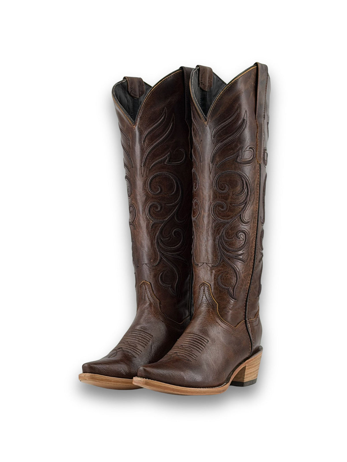 Distressed Coffee Snip-Toe Sleek Embroidery Wide Calf Knee High Cowgirl Boots