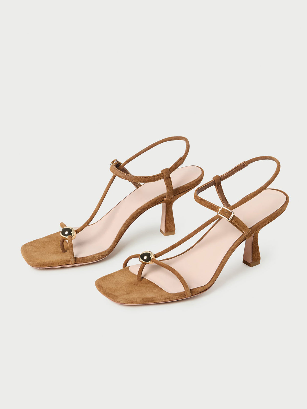 Brown Faux Suede Square-Toe Buckle Strappy Kitten Heels With One Silver Ball