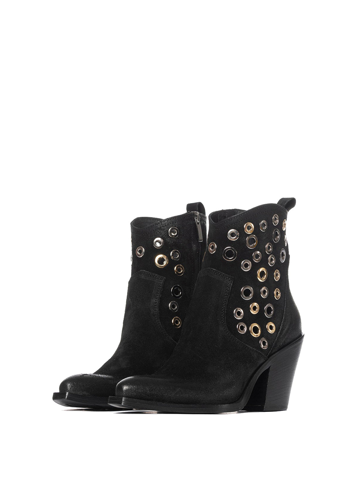 Black Faux Suede Snip-Toe Eyelets Full-Zip Ankle Cowgirl Boots