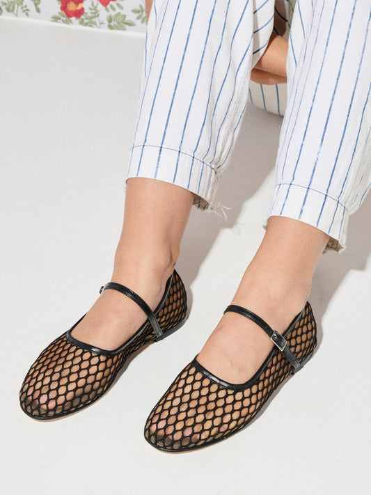 Black Round-Toe Mesh Bridge Strap Mary Jane Flats