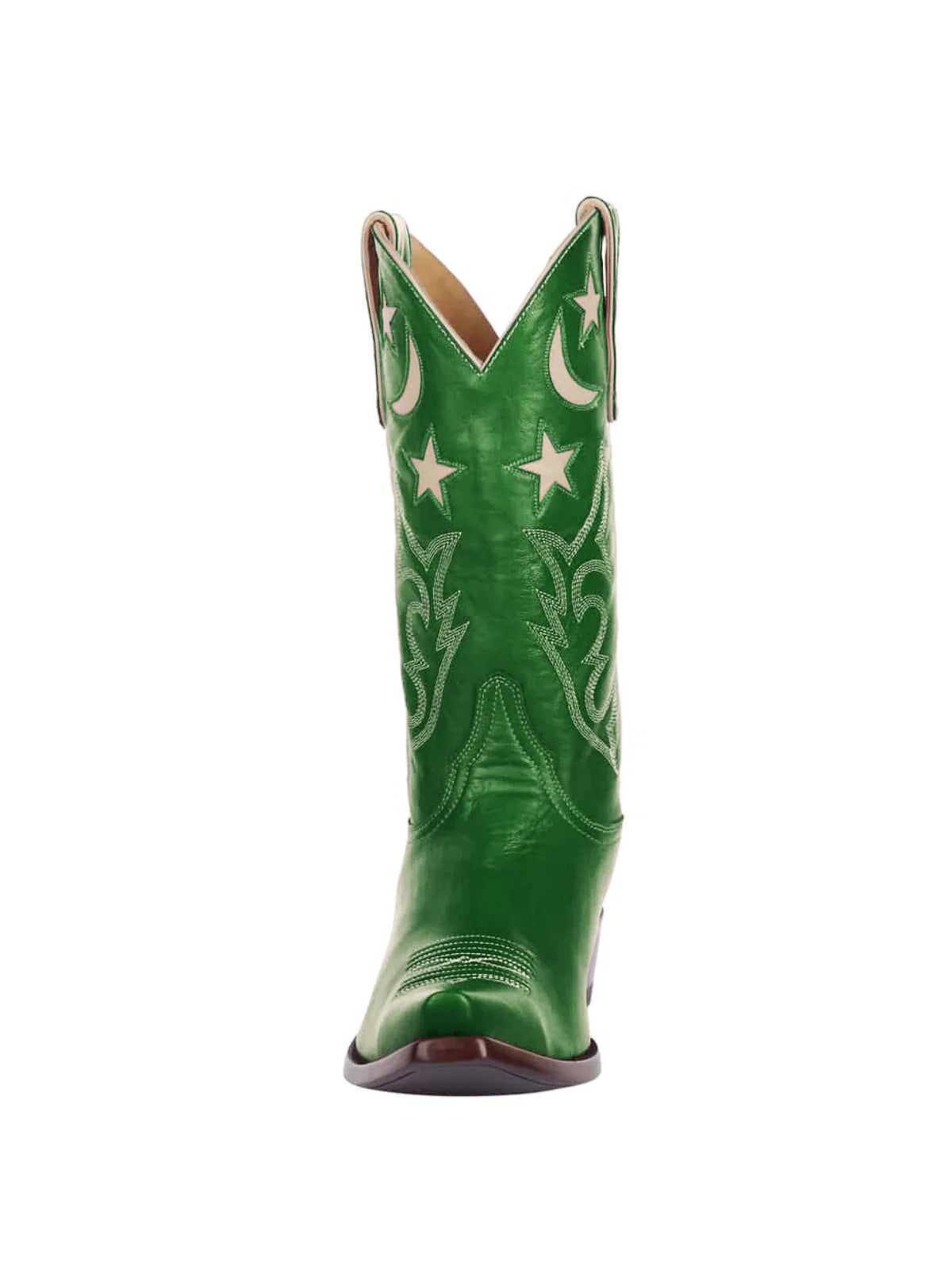 Green Snip-Toe Moon And Star Inlay Embroidery Mid Calf Cowgirl Boots