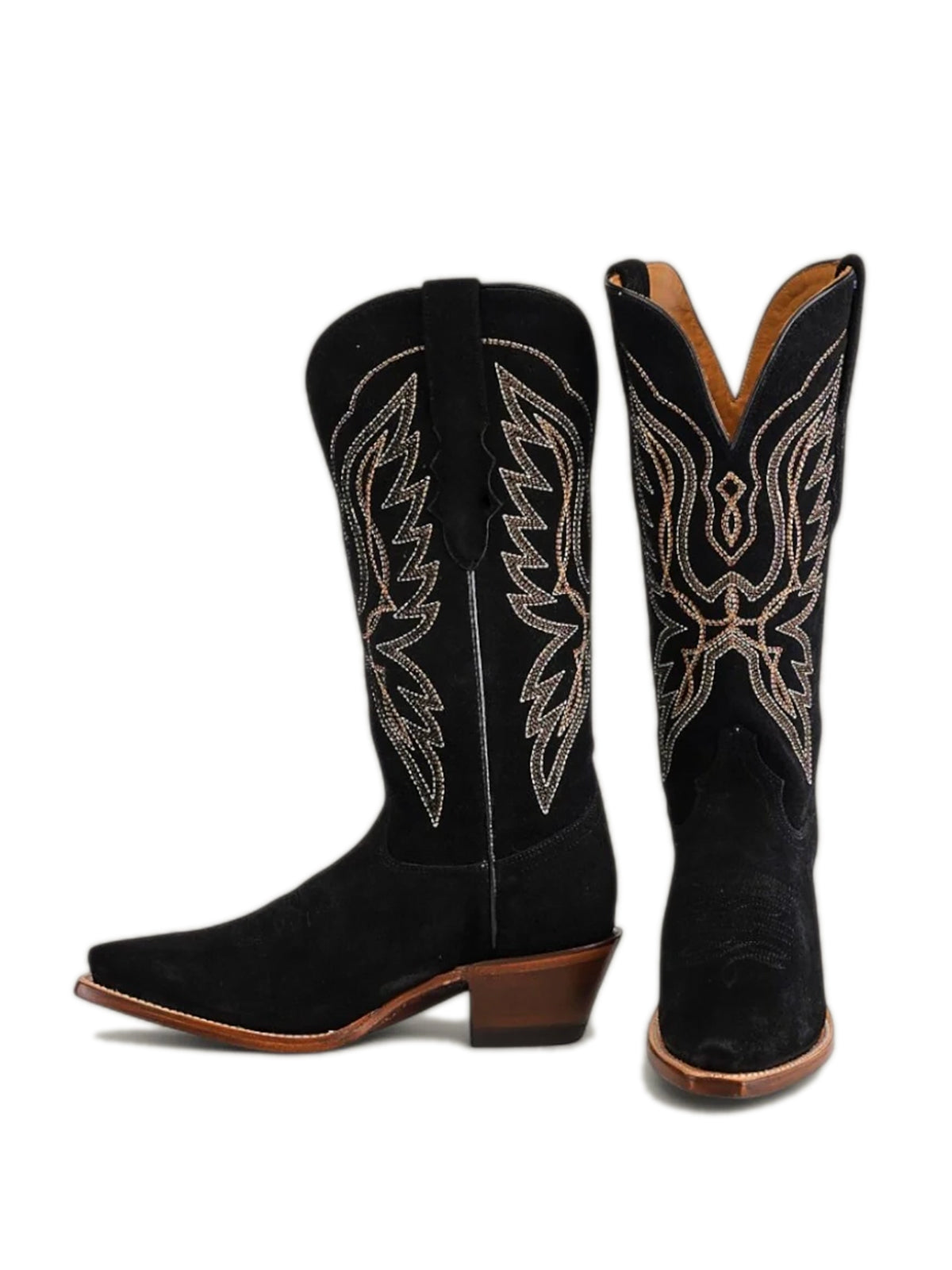 Tall Knee High Snip-Toe Embroidery Wide Calf Cowgirl Boots - Black Faux Suede
