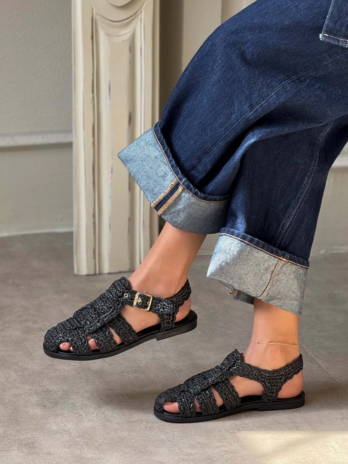 Black Grass Woven Round-Toe Caged Detail Buckle Strap Flats