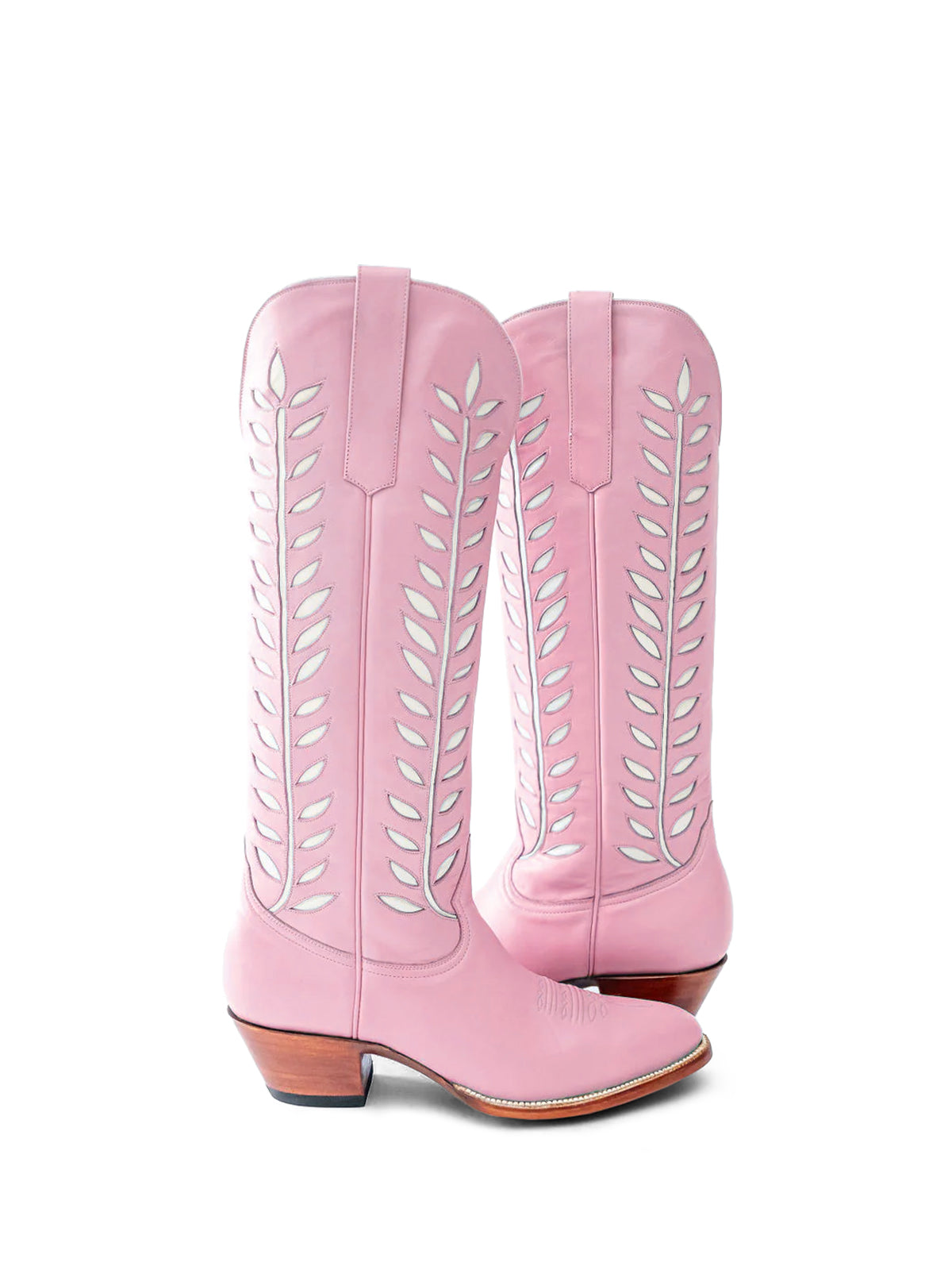 Almond-Toe White Leaves Inlay Wide Calf Tall Knee High Cowgirl Boots - Pink