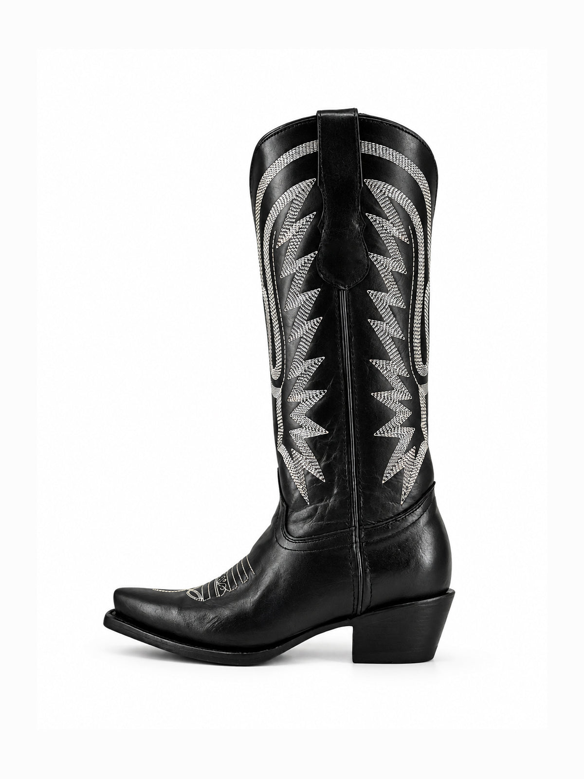 Black Vegan Leather Snip-Toe White Embroidery Wide Calf Knee High Cowgirl Boots