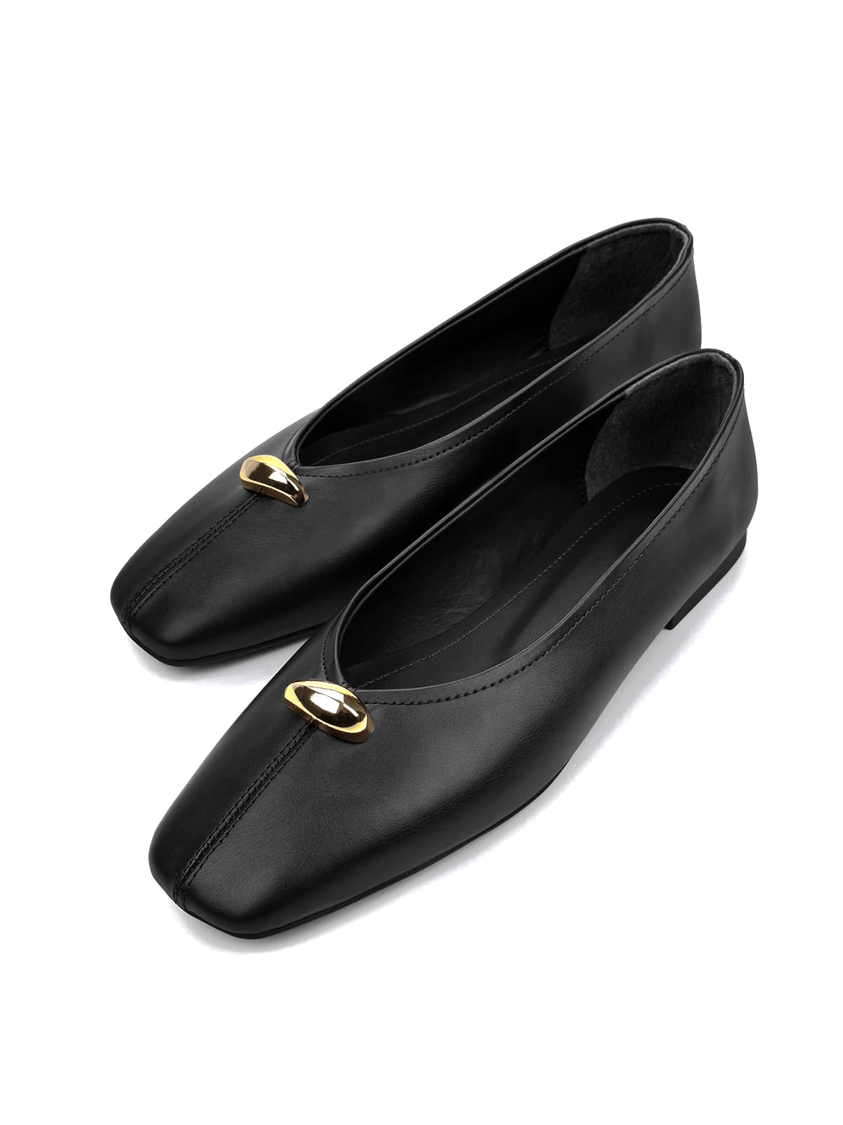 Black Square-Toe Front Gold Metal Detail Slip-On Flats