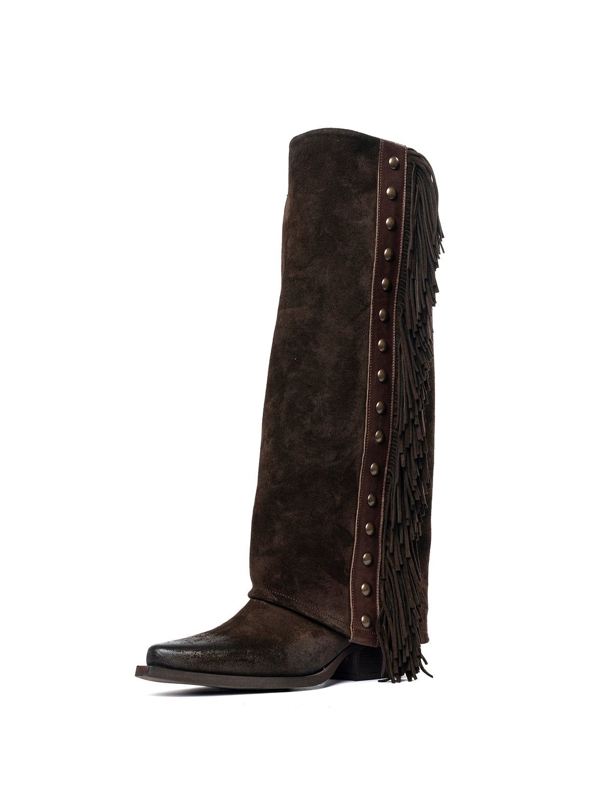 Dark Tobacco Faux Suede Snip-Toe Side Studded Fringe Fold-Over Knee High Cowgirl Boots