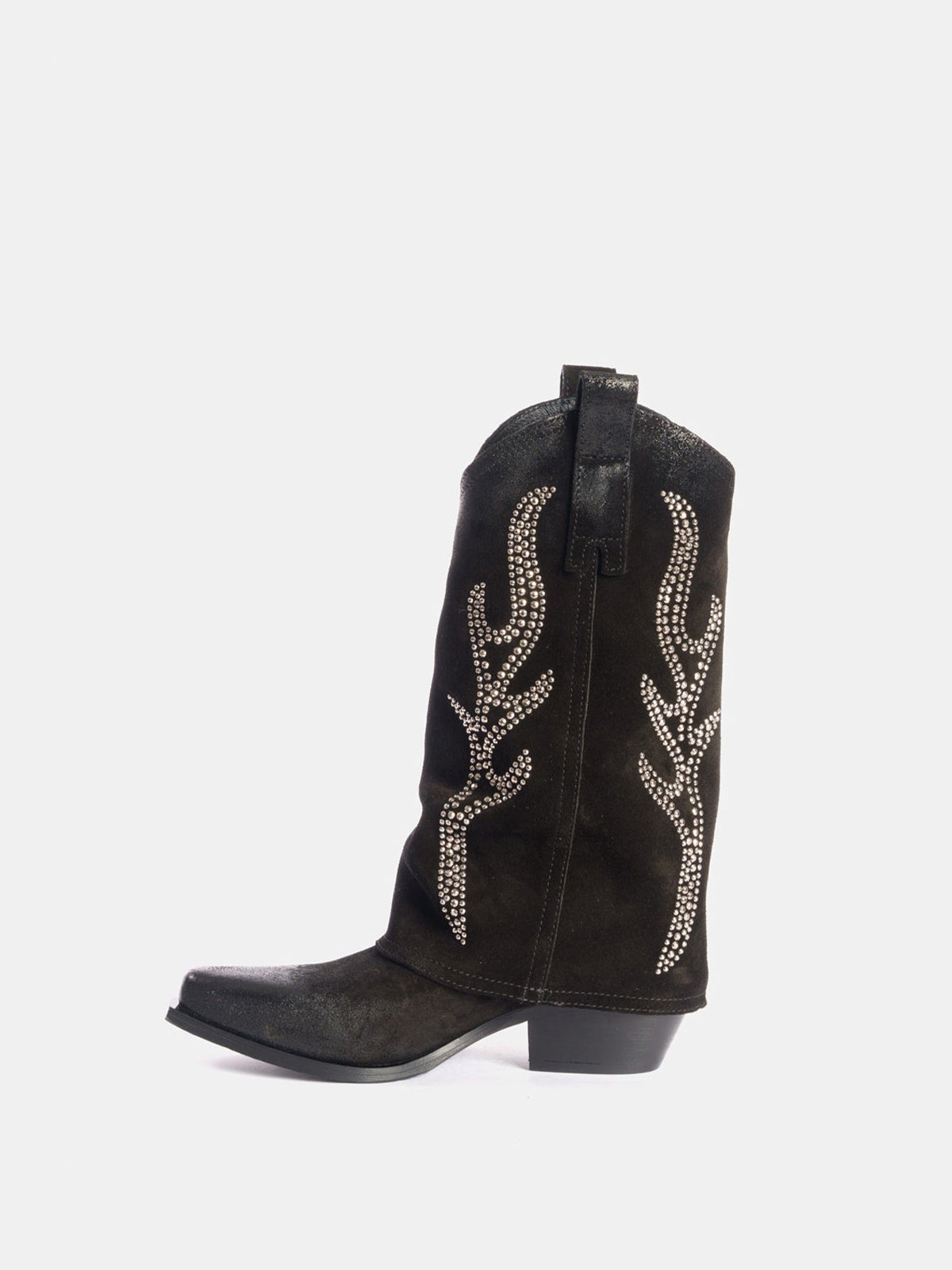 Black Faux Suede Snip-Toe Studded Fold-Over Mid Calf Cowgirl Boots